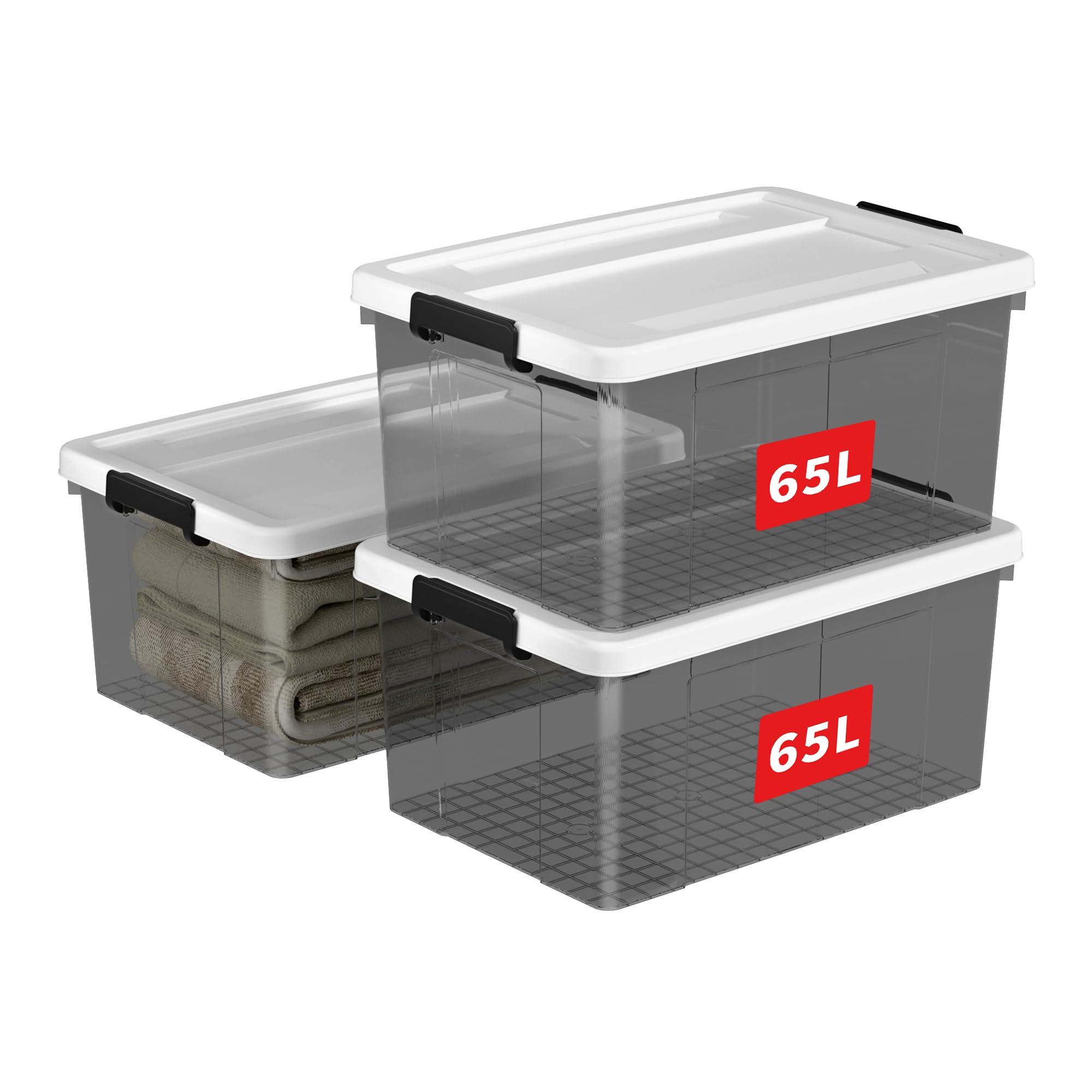 Cetomo 65L*3 Aufbewahrungsboxen, Aufbewahrungsbox mit Deckel, Organizer-Behälter mit Clips, Stapelbar, Ineinander Nestbar, für Zuhause und Büro, Kunststoff, Transparent schwarz, 65L-3er Pack