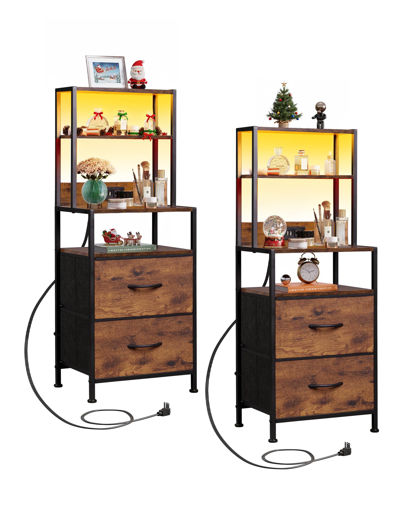 WLIVE Nightstand Set of 2 with Charging Station, LED Night Stand Sets with 2 Drawers and 4 Storage Open Shelves, Fabric Dressers for Bedroom, Rustic