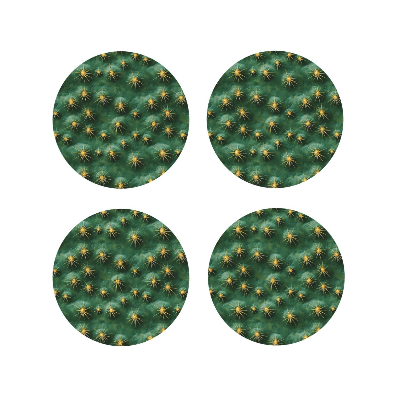 Leather Coasters Set of 4 - Cactus Pattern Print Lightweight Drink Coasters for Desk