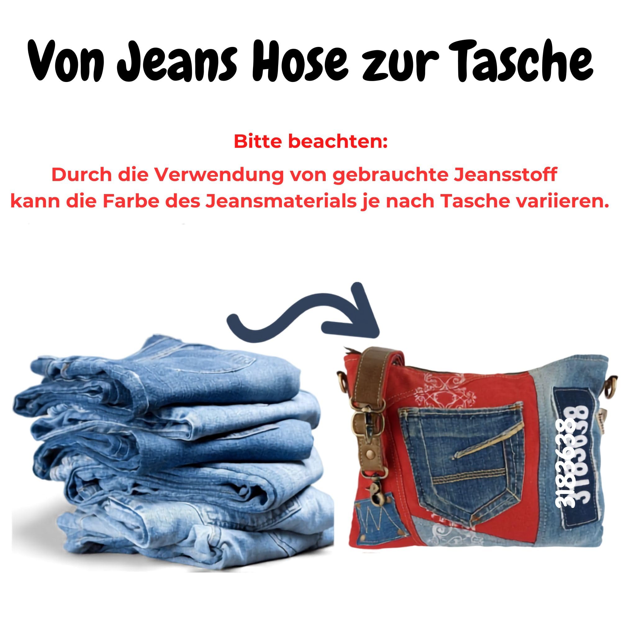 Sunsa Damen Tasche. Nachhaltige Umhängetasche. Handtasche Bag aus recycelter Jeans & Canvas in Vintage Stril. Rot/blau Schultertasche Crossover mit Verstellbarere Henkel