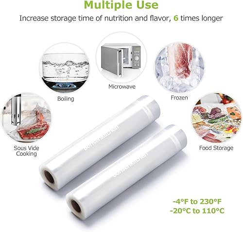 Vista 3 de Bonsenkitchen - Rollos de bolsas selladoras de alimentos al vacío, 2 paquetes de 20,32 cm x 6,10 m, bolsas de tamaño comercial personalizadas