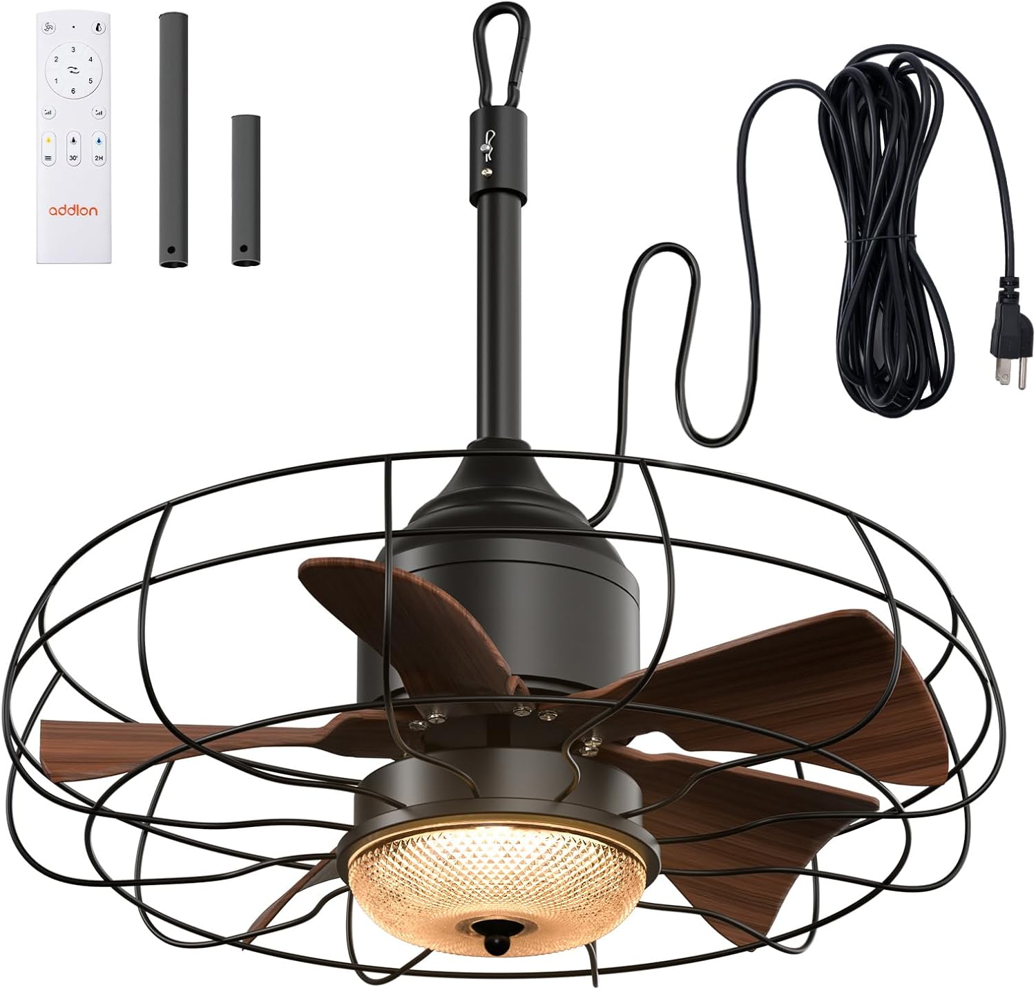 addlon Outdoor Ceiling Fans with Lights for Patios, 20 inch Wet Rated Black Gazebo Fan with Remote, 6 Speeds, 3CCT Dimmable, Noiseless, Reversible, Plug in Hook Mount Ceiling Fan for Pergola Canopy
