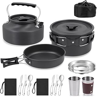 BILIPLE Camping Cookware Set, Outdoor Tableware Set, Foldable Cooking Pot Set, Saucepan Pan, Teapot for Outdoor, Picnic, Camping, Hiking (14 Pieces)
