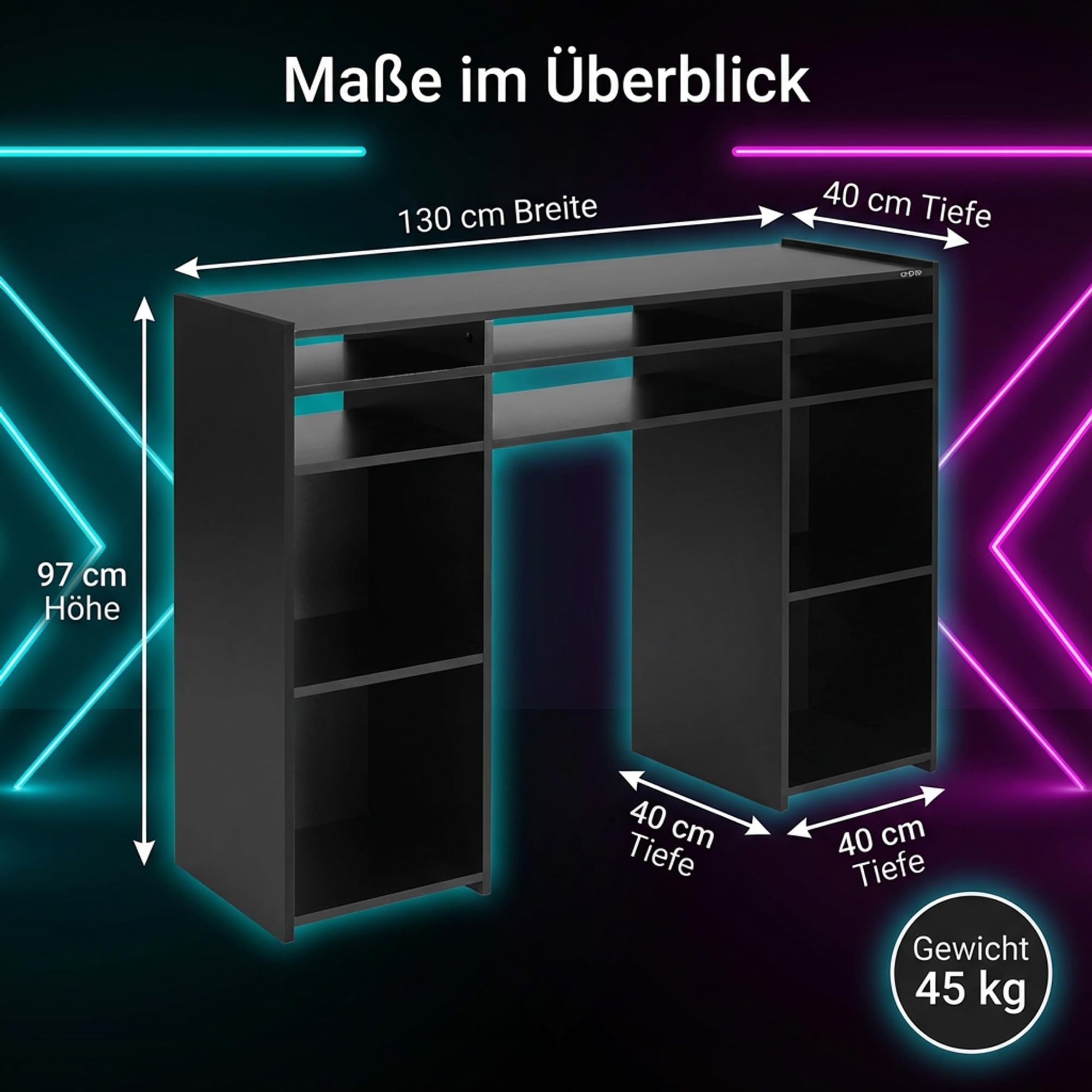 Zomo Deck Stand Vegas – DJ Tisch 130 x 40 x 97 cm – Schwarz - MDF Holz – 2 Ebenen mit 19 Zoll Rack und Vinylaufbewahrung - Platz für 2 Decks und einen Mixer