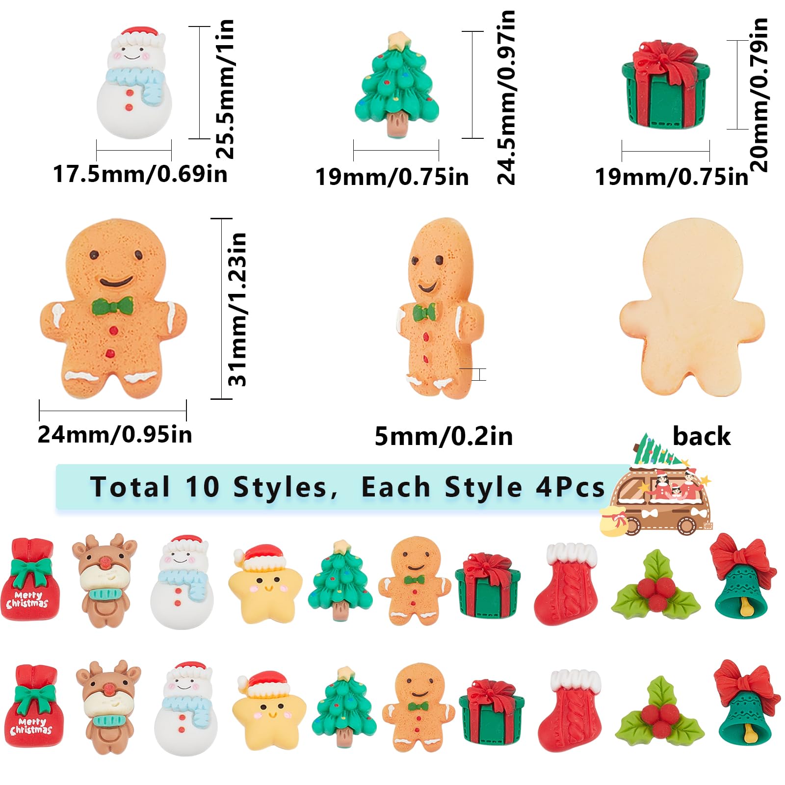 40-teiliges Set Weihnachts-Cabochons – 10 Verschiedene Motive (Schneemann, Elch, Weihnachtsbaum…) – Für DIY, Schmuck & Deko