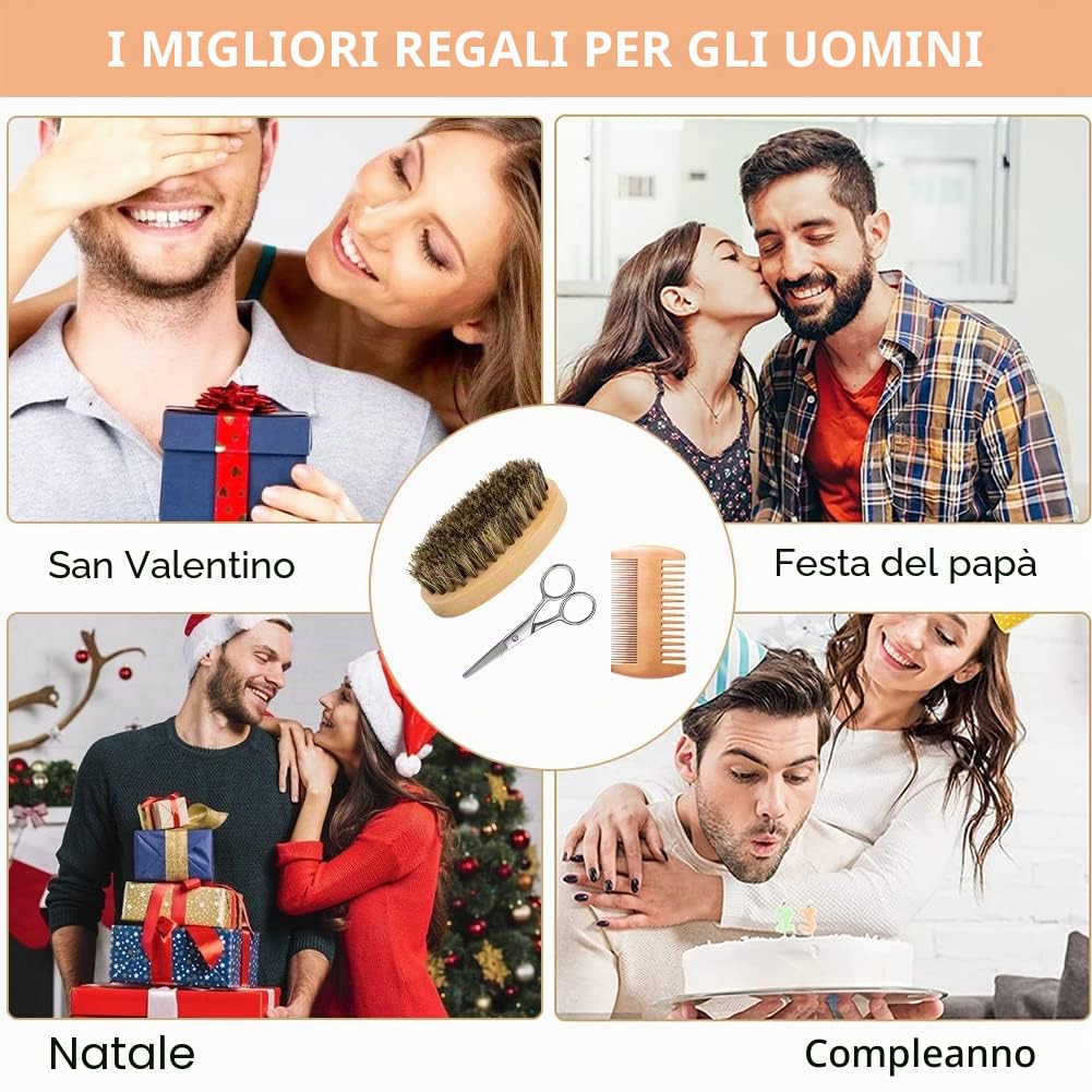 Spazzola Barba,Spazzola per Barba Uomo,100% Setole di Cinghiale,Pettine,Forbici (3pcs)