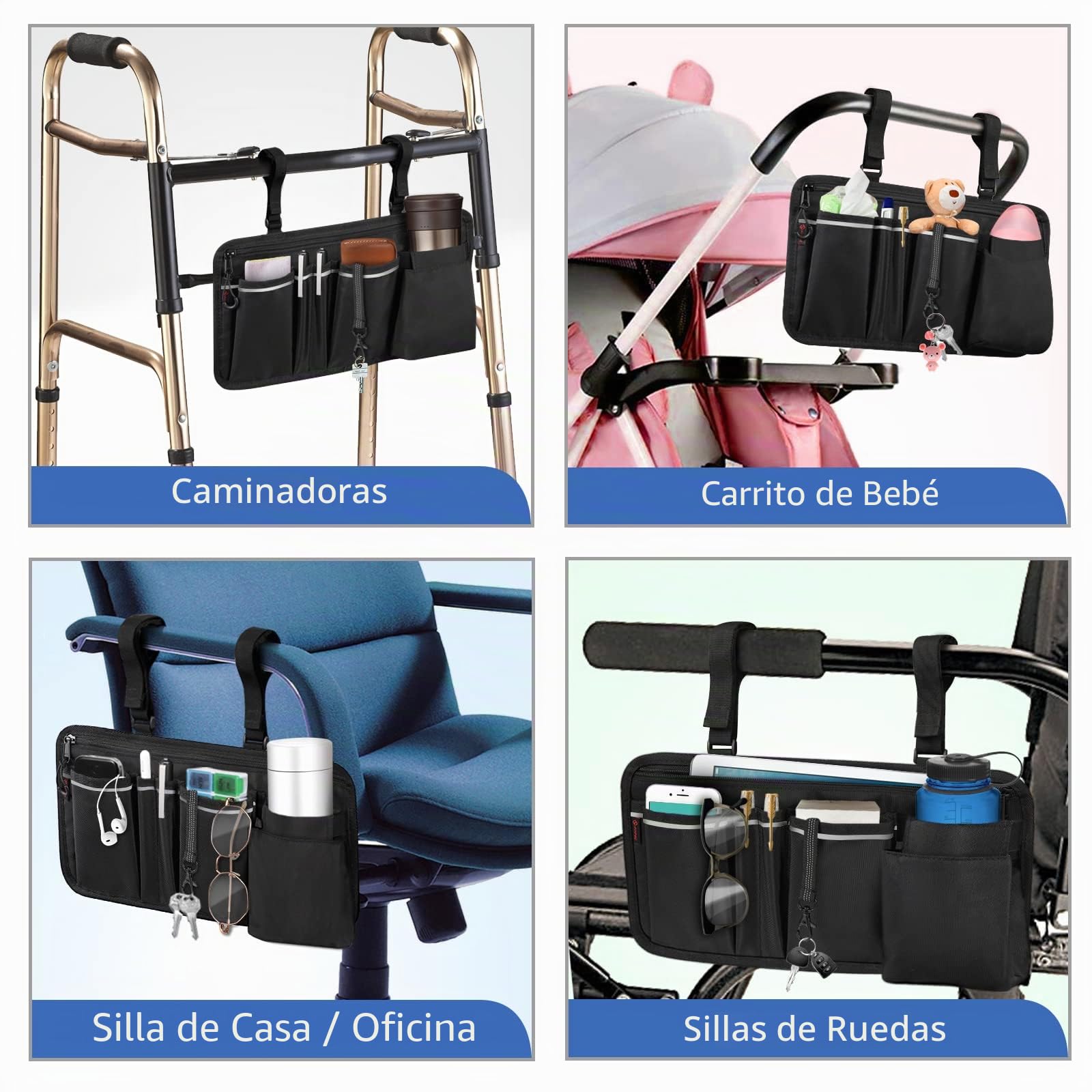 FINPAC Bolsa de Andador con Soporte para Bolígrafo, Plegable Silla de Ruedas Estuche con Tiras Reflectantes, Organizador de Accesorios para Walkers, Mobility Scooters, Rollators, (Negro)