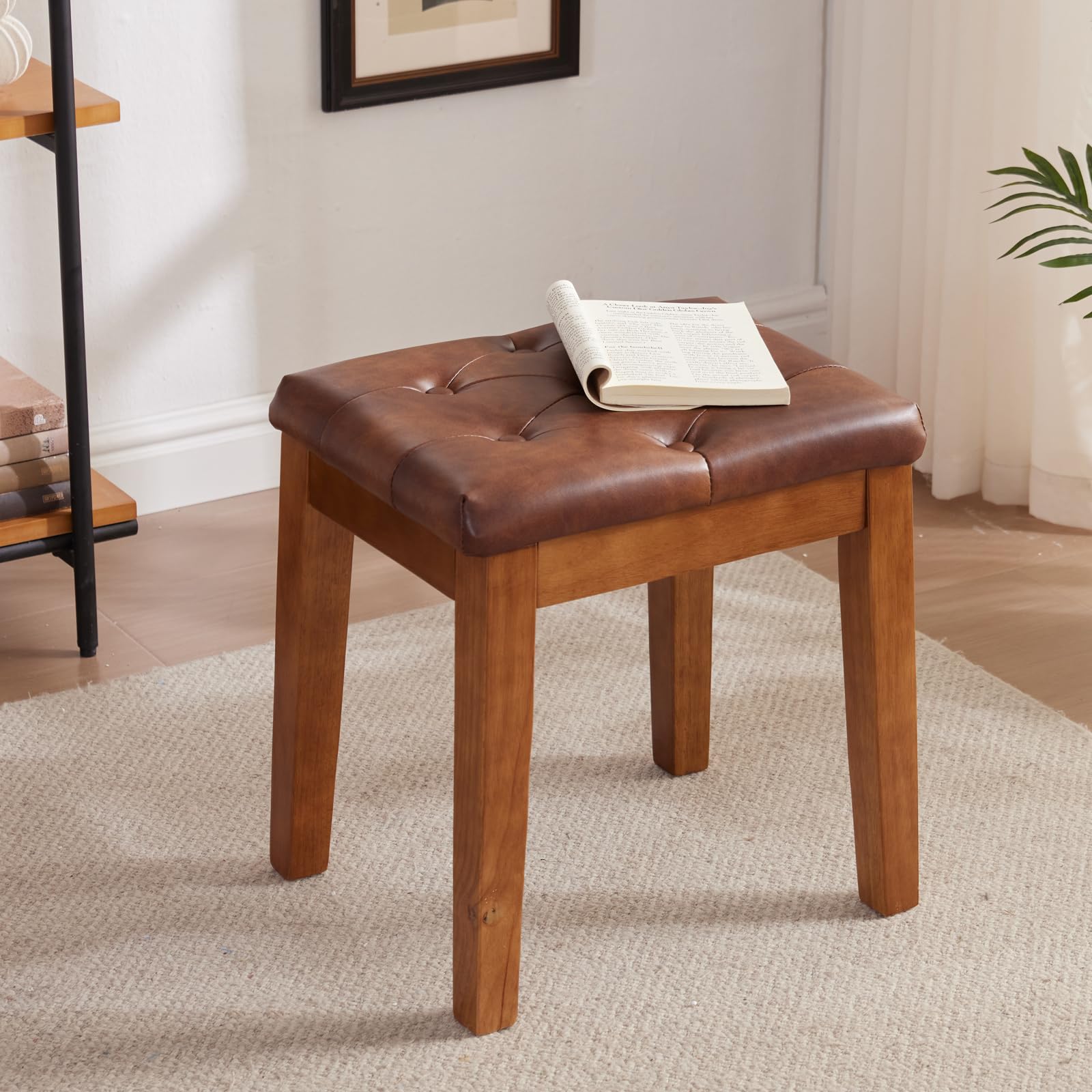 Polsterhocker Schminktisch Hocker Sitzhocker, Gepolstert und Getuftet, Massivholz, für Eingangsbereich, Flur, Wohnzimmer, Kunstleder, Retrobraun, 42 x 32 x 44 cm