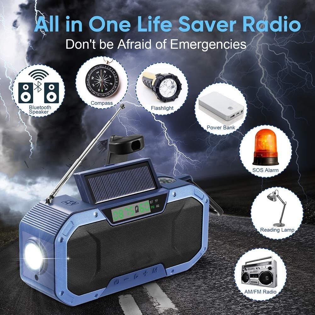 Radioodbiornik AM/FM z korbką, przenośny radioodbiornik pogodowy zasilany energią słoneczną, z jasną latarką, kompasem, alarmem SOS i powerbankiem o pojemności 5000 mAh, do biwakowania na św