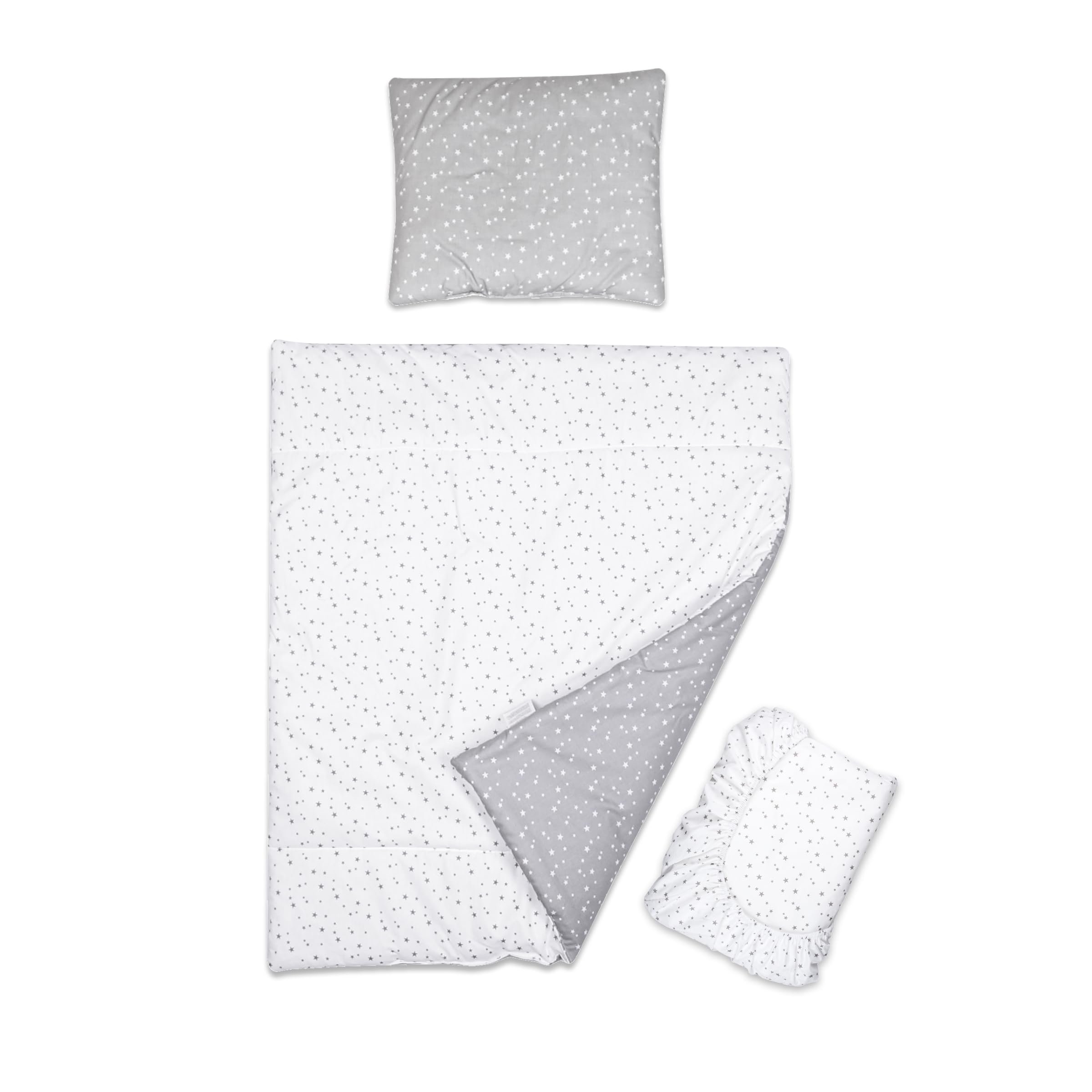 3 Piece Baby Bedding Set Reversible Duvet Cover & Pillowcase and Fitted Sheet for 90x40 cm Baby Crib, Cradle, Pram (Small Stars)