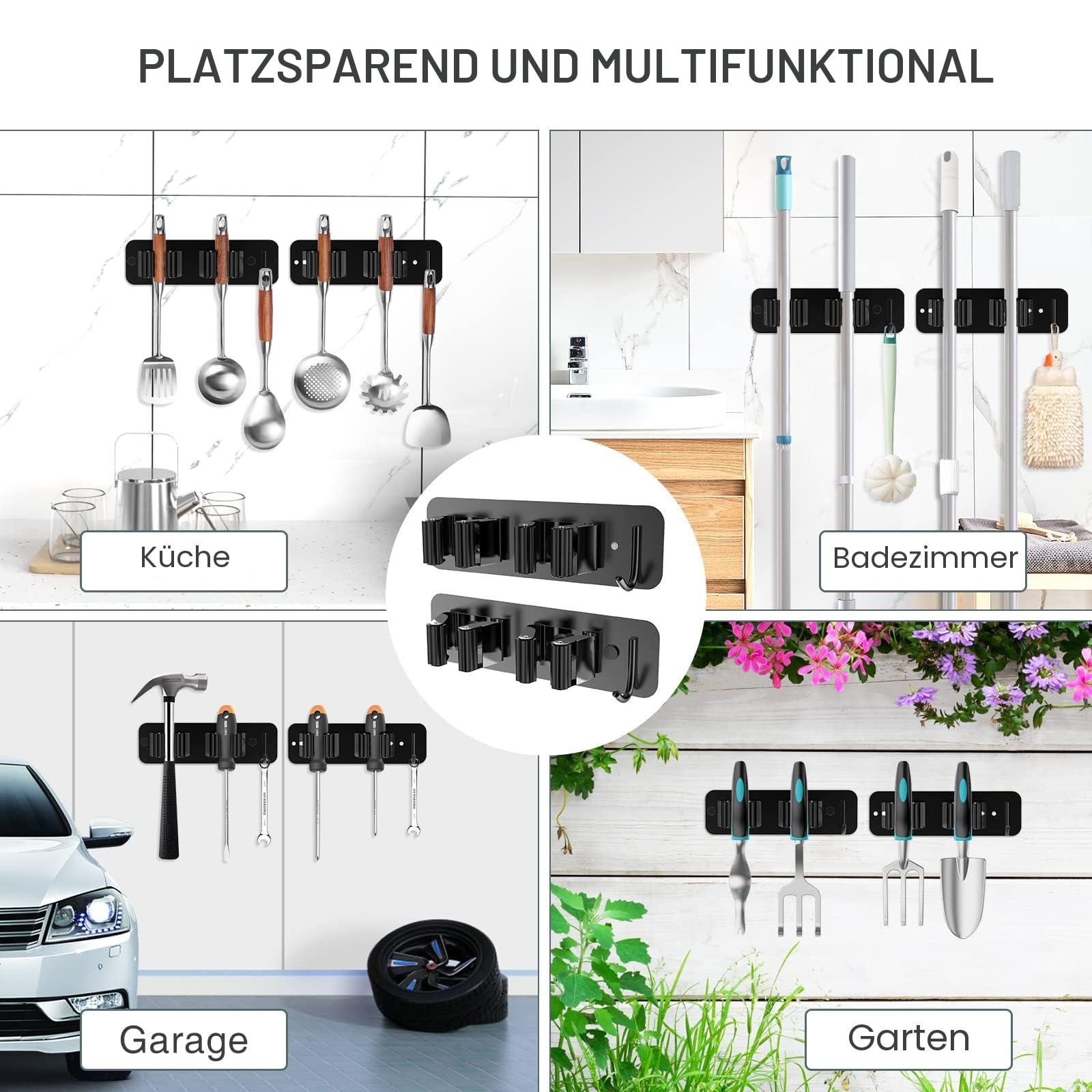 homeasy Besenhalterung Wand 2 Stück Besenhalter Selbstklebend Edelstahl Gerätehalter Ohne Bohren Mop Halter Werkzeughalter Organizer mit Haken und 2 Halter für Küche Badezimmer Garten Balkon