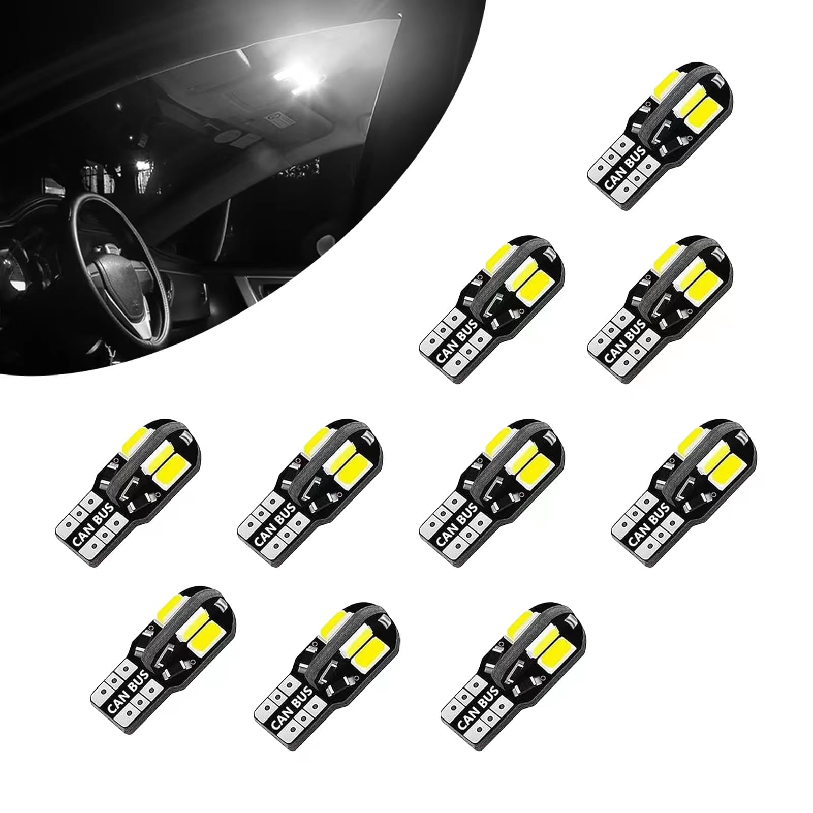 UGSHY 10 PCS T10-5730-8SMD LED Car License Plate Light, 12V Car Side Wedge Light, Error Free Lamp for Map Dome Courtesy License Plate Side Marker Light (White)