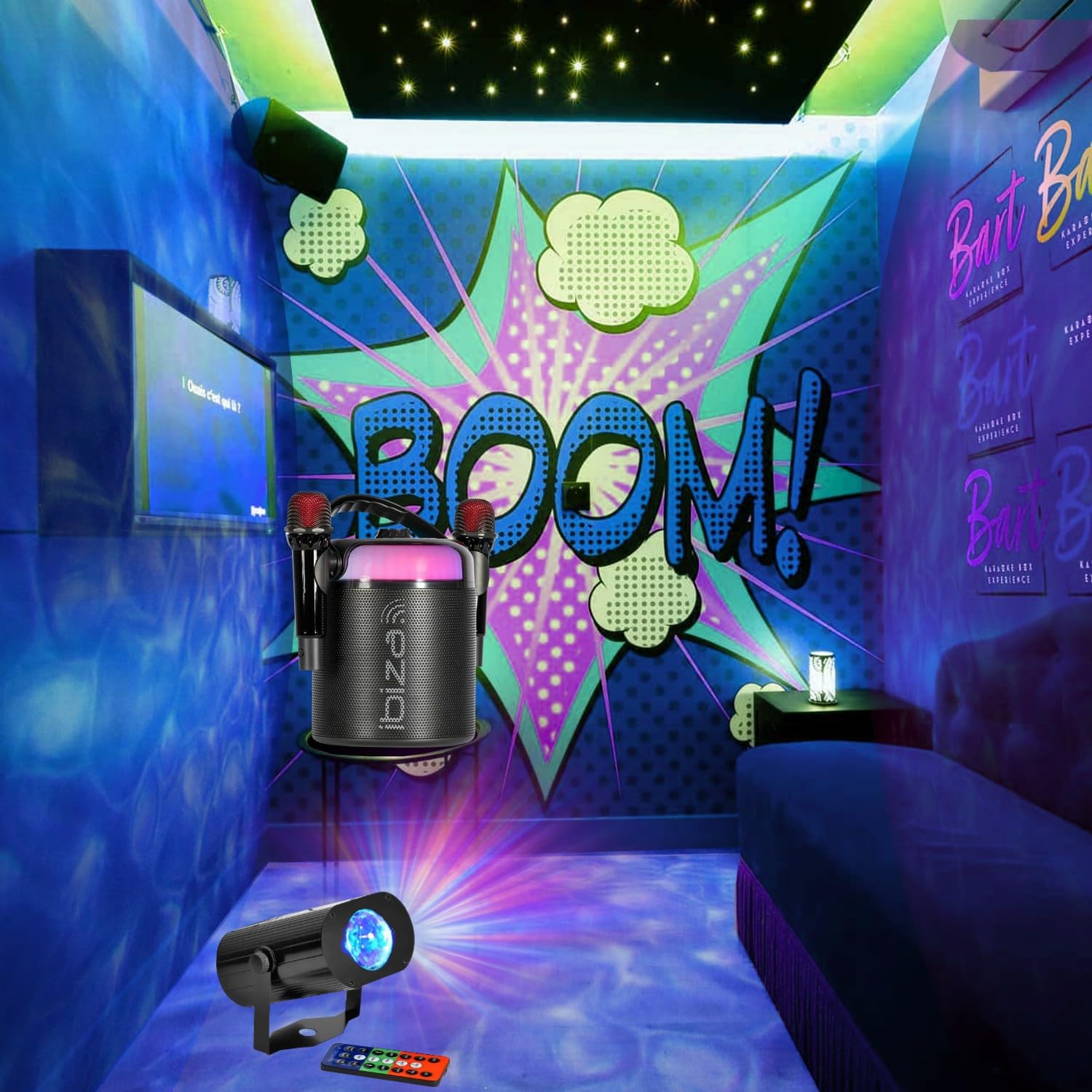 Ibiza - Pack Enceinte Karaoké Portable Autonome Bluetooth Ibiza KARAHOME-BK 120W USB 2 Micros sans Fil - Effet Lumière Waterwave Fête Enfant