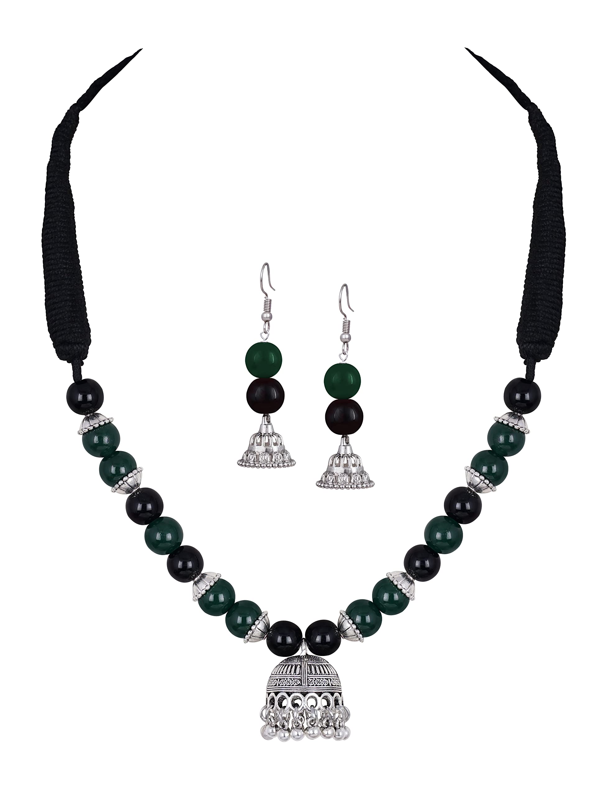 JFL - Jewellery for Less German Oxidised Silver Jhumki Pendant Beaded Handcrafted Necklace Set with Adjustable Thread for Women & Girls. (Black, Green),Valentine (B0BQ7GLD63) Amazon Price History, Amazon Price Tracker