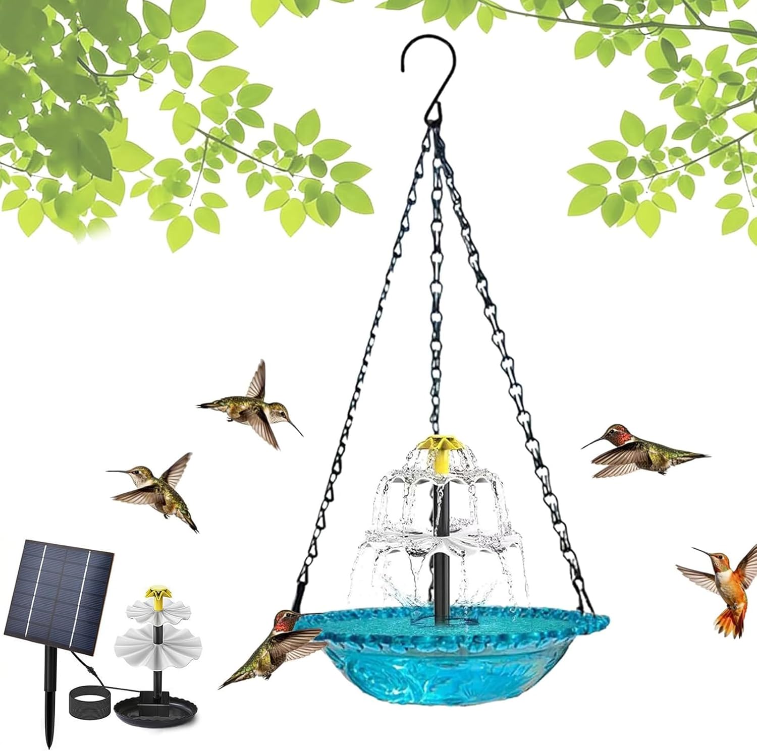 Solar Cascade Hanging Bird Bath Fountain with Solar Pump & Bowl - Outdoor Water Fountain for Hummingbirds and Wild Birds, Garden Patio Yard Water Feature Decoration (E)