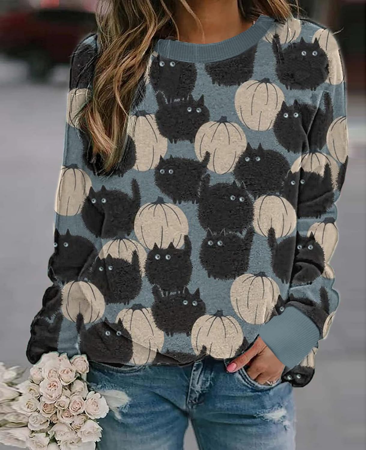 Neyaolk Pumpkin-Sweatshirt Halloween Crewneck Shirt - Cats Graphic Printed Long Sleeve Loose Pullover Top - Image 2