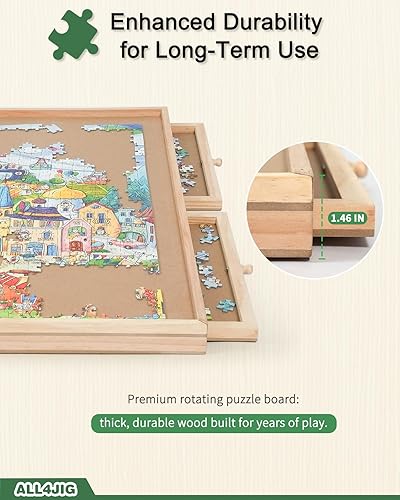 Vista 46 de ALL4JIG - Tablero giratorio para rompecabezas de 2000 piezas, bandeja giratoria de madera de 29.6 x 41.3 pulgadas, 6 cajones y cubierta, mesa para 6