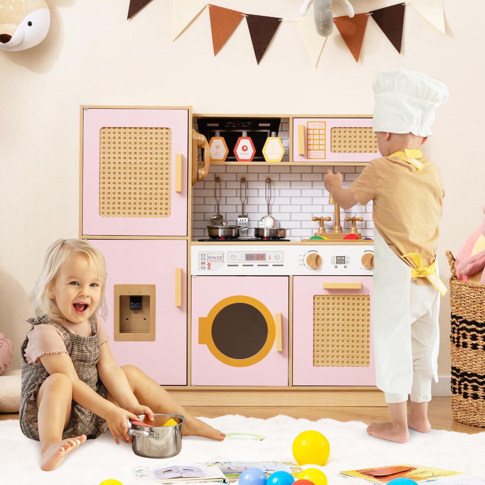 RELAX4LIFE Cucina Giocattolo per Bambini, Effetti Sonori e Luminosi, Gioco Cucina in Legno con Frigo, Microonde, Forno, Lavatrice, Mini Cucina per Bambini 3-6 Anni (Rosa)