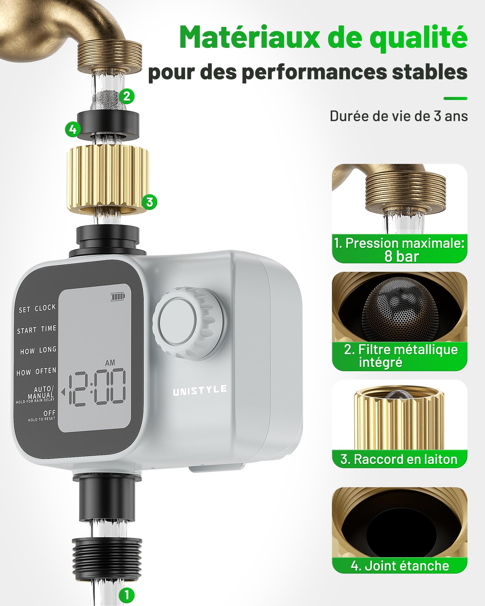 Programmateur Arrosage Unistyle | Nouvelle édition 2026 – Arrosage Automatique du Jardin, Utilisation Simple et Intuitive, Raccord en Laiton, Indice de Protection IP55, Programmes Arrosage Flexibles