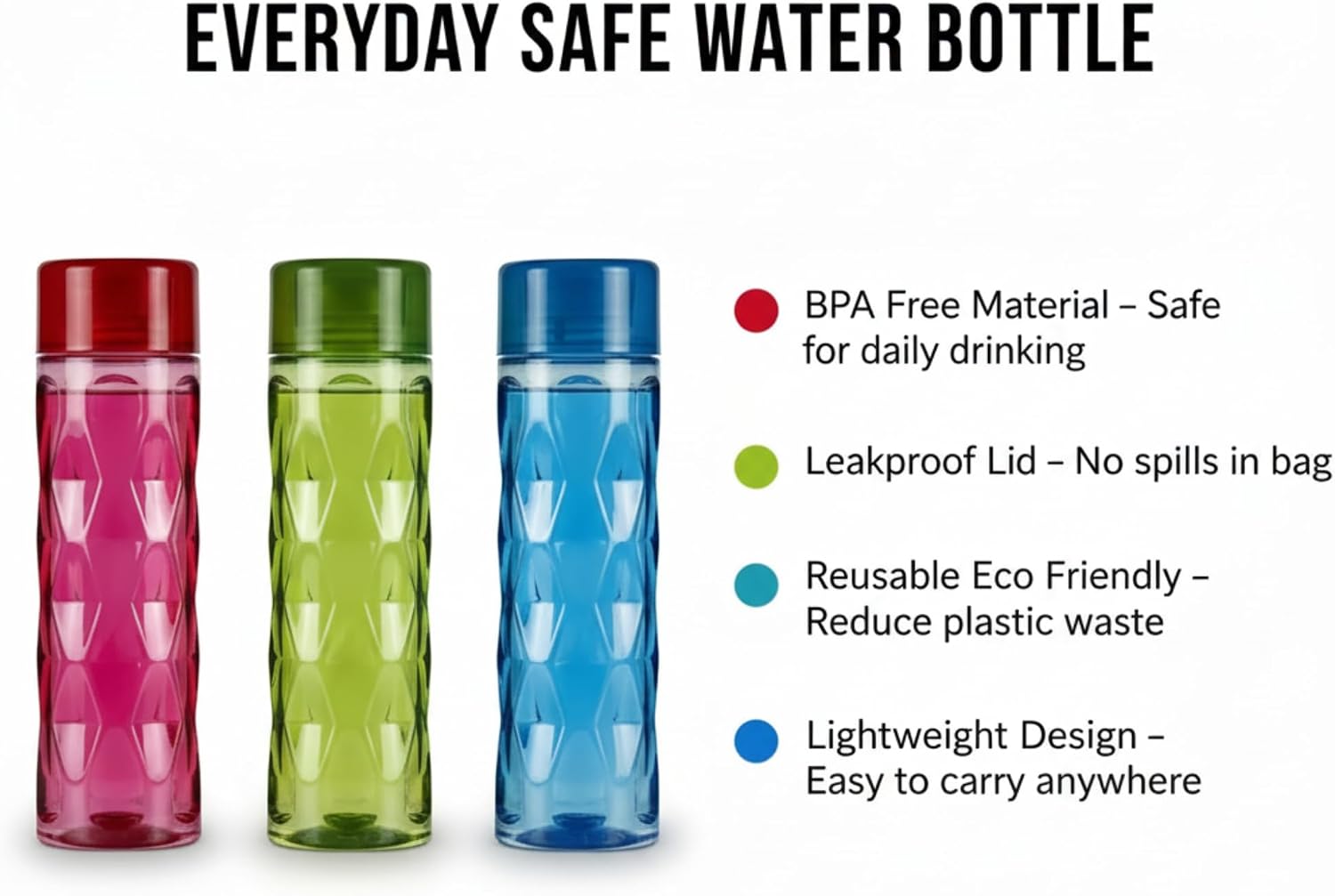 Plastic Water Bottles Set of 3 | 1 Litre Fridge Bottle Pack | Bubble Design, Leak-Resistant, Lightweight & Durable Water Bottle for School, Office, Home, Gym – 1000 ml Each
