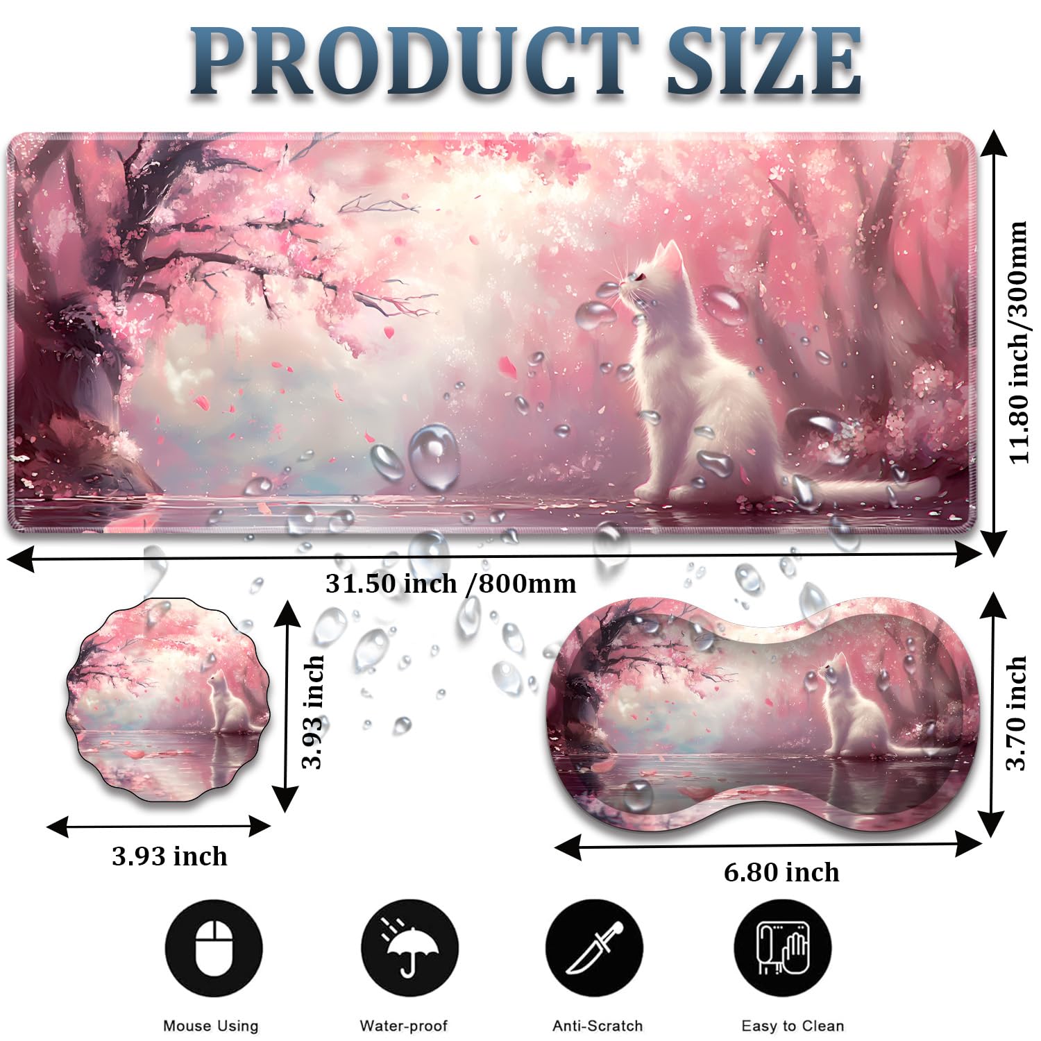 Lot de 3 tapis de souris en forme de chat avec support de poignet et porte-gobelet, avec bord imperméable et antidérapant, convient pour le bureau et la maison.