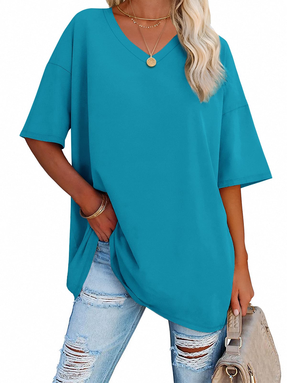 ATHMILEWomens Summer Oversized Shirts V Neck Plus Size Spring Workout Tops Beach Vacation 2025 Gym Clothes