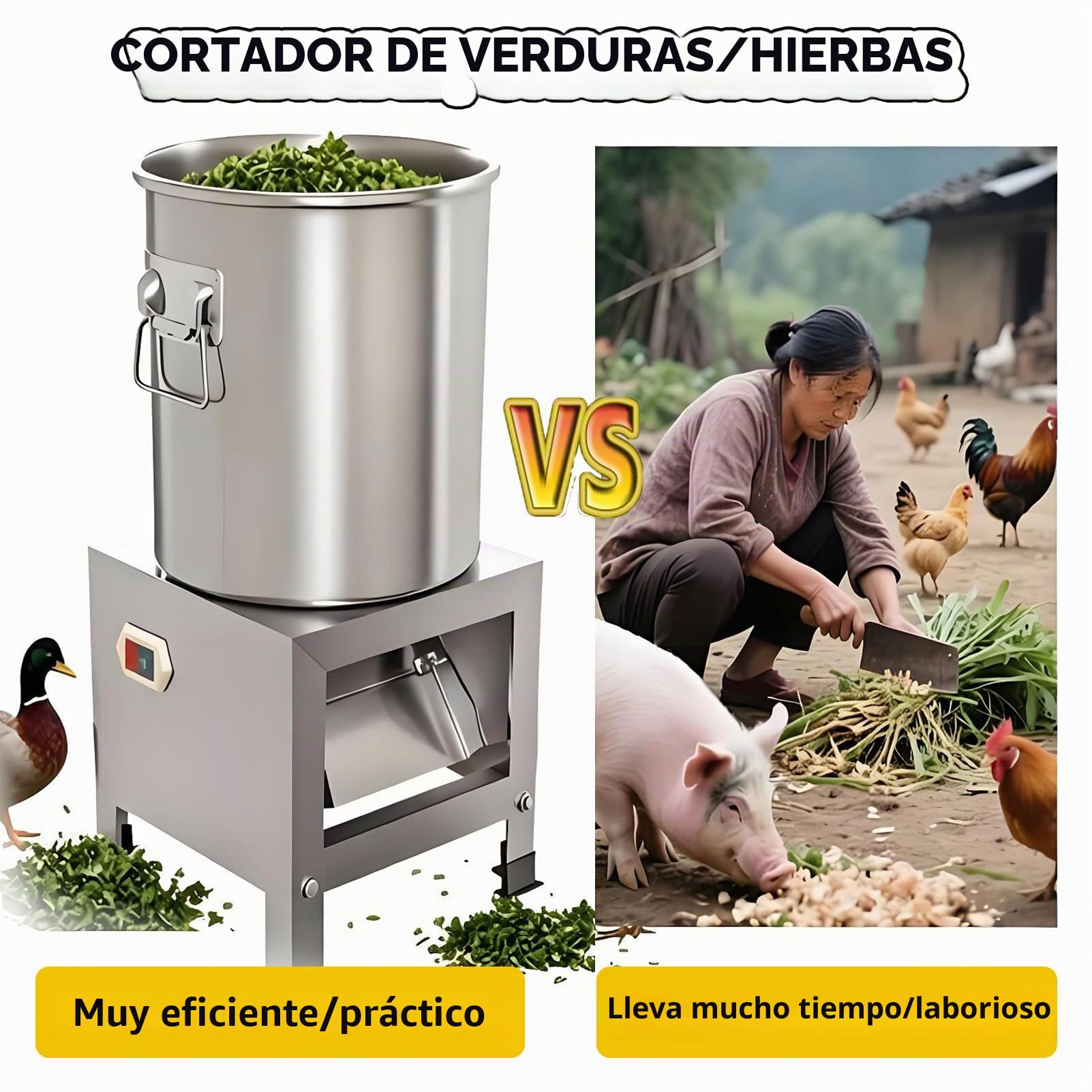 Picadora y Trituradora para Procesamiento de Alimento para Aves, de Acero Inoxidable de Alta Resistencia con 4 Cuchillas, Corte Rápido de 1800 RPM, para Vegetales, Granos, Maní 1200W