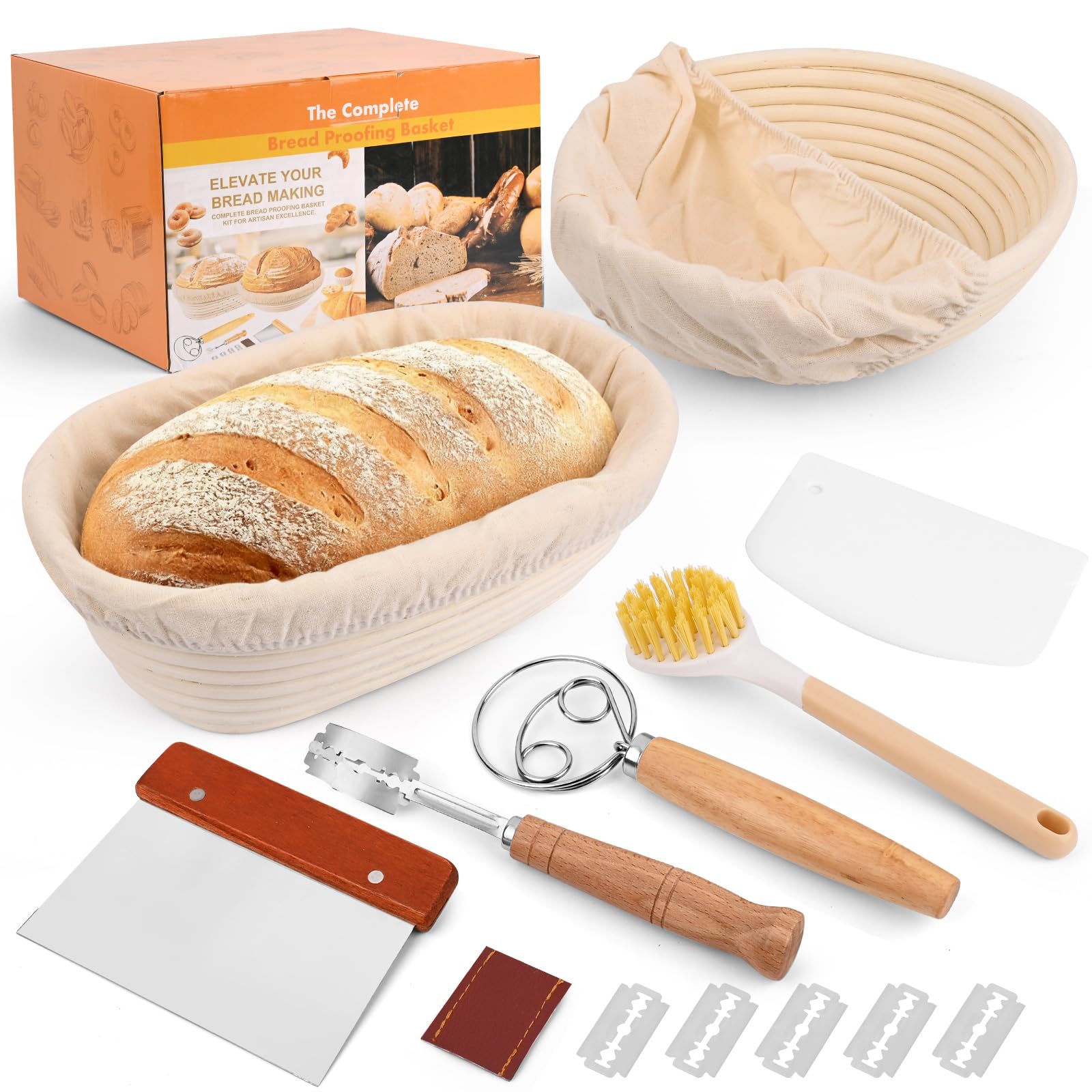 zestaw do pieczenia chleba, kompletny zestaw akcesoriów do pieczenia chleba w tym kosz do fermentacji chleba (23 cm okrągły i 25 cm owalny), skrobak do ciasta, wkład z płótna, mieszadło do