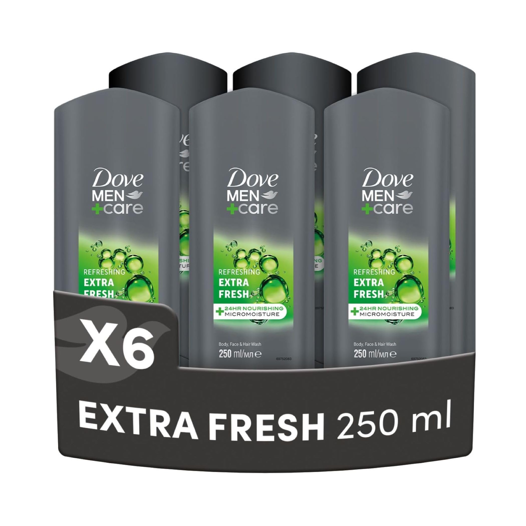 Dove, Doccia Dove Men+Care Extra Fresh, Docciaschiuma Uomo 3 in 1 Idratante Corpo, Viso e Capelli, con Tecnologia MicroMoisture, Dona 24 Ore di Idratazione, 6 Pezzi da 250 ml