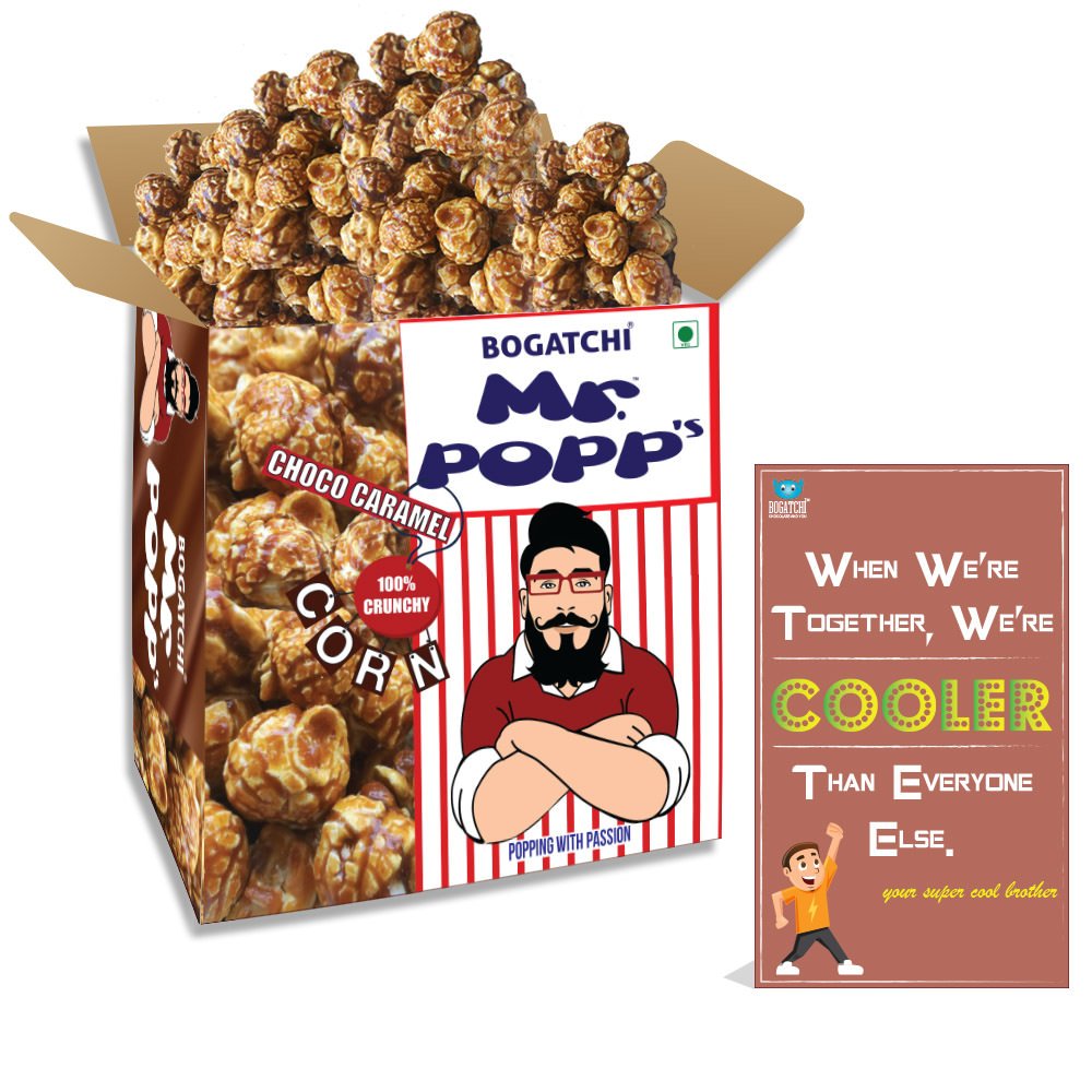 BOGATCHI Mr.POPP's Dark Chocolate Popcorn, 100% Crunchy Mushroom Popped Kernels, Handcrafted Gourmet Popcorn, Best Rakhi Gift , 375g + Free Happy Rakhi Greeting Card-picture-10