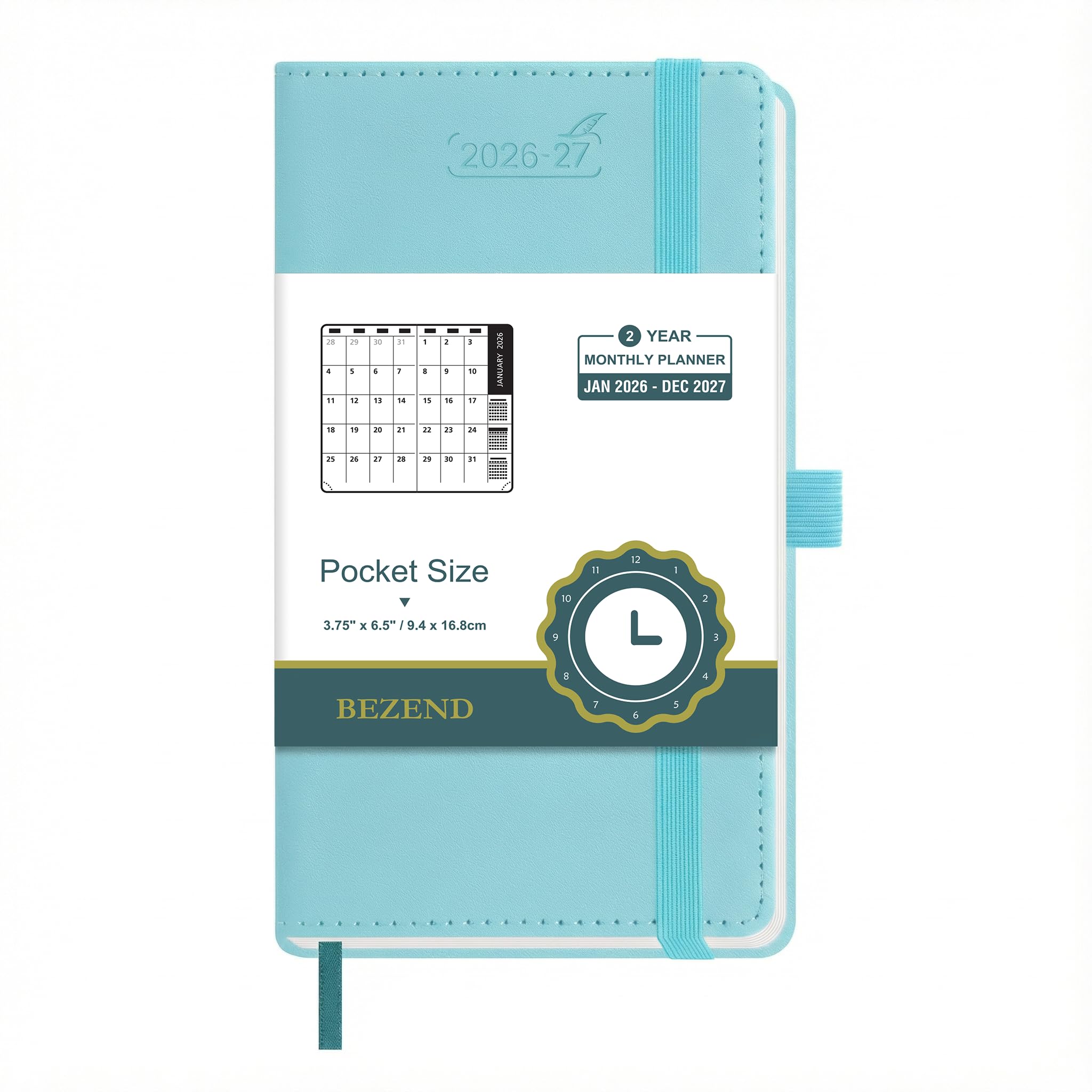 BEZEND 2 Year Month to View Pocket Diary 2026-2027 PU Leather Hardback, Slim Monthly Planner runs Janβ26 to Decβ27 with Back Pocket, 100 GSM Thick Paper - Small Size 16.5 x 9 cm, Sky Blue