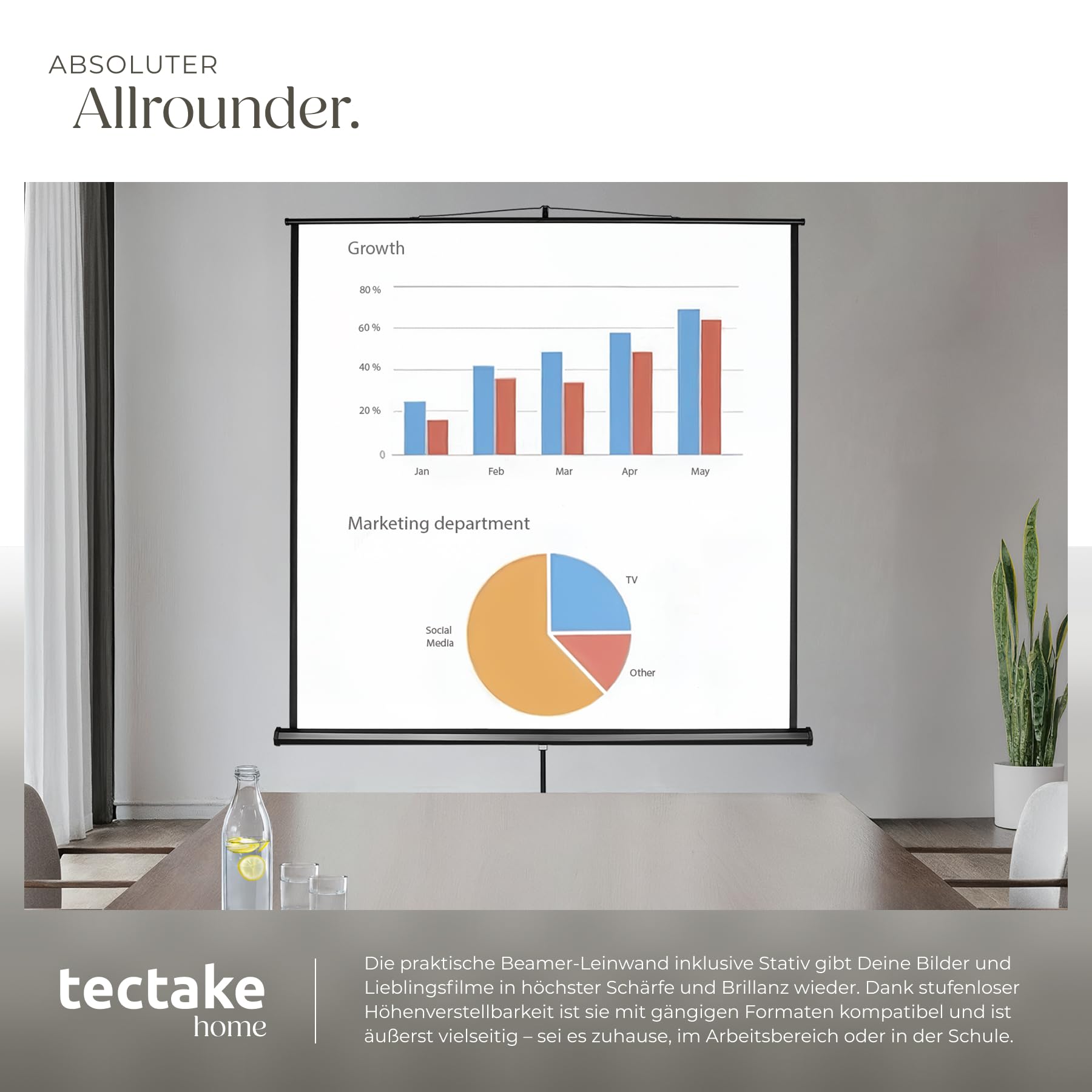 tectake® Projektor Leinwand Beamer, Projektionsleinwand HDTV tauglich, Beamerleinwand, Mobile Leinwand mit Ständer, LCD optimiert für HD und 3D, Gain Faktor 1,0, für Heimkino, TV