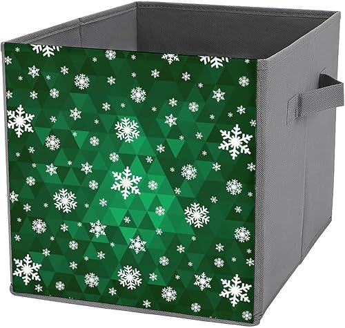 MEIKKO Snowflake Pattern Cube Storage Bins Green Christmas 11 Inch Storage Cubes Foldable Decorative Fabric Storage Baskets for Organizing Home
