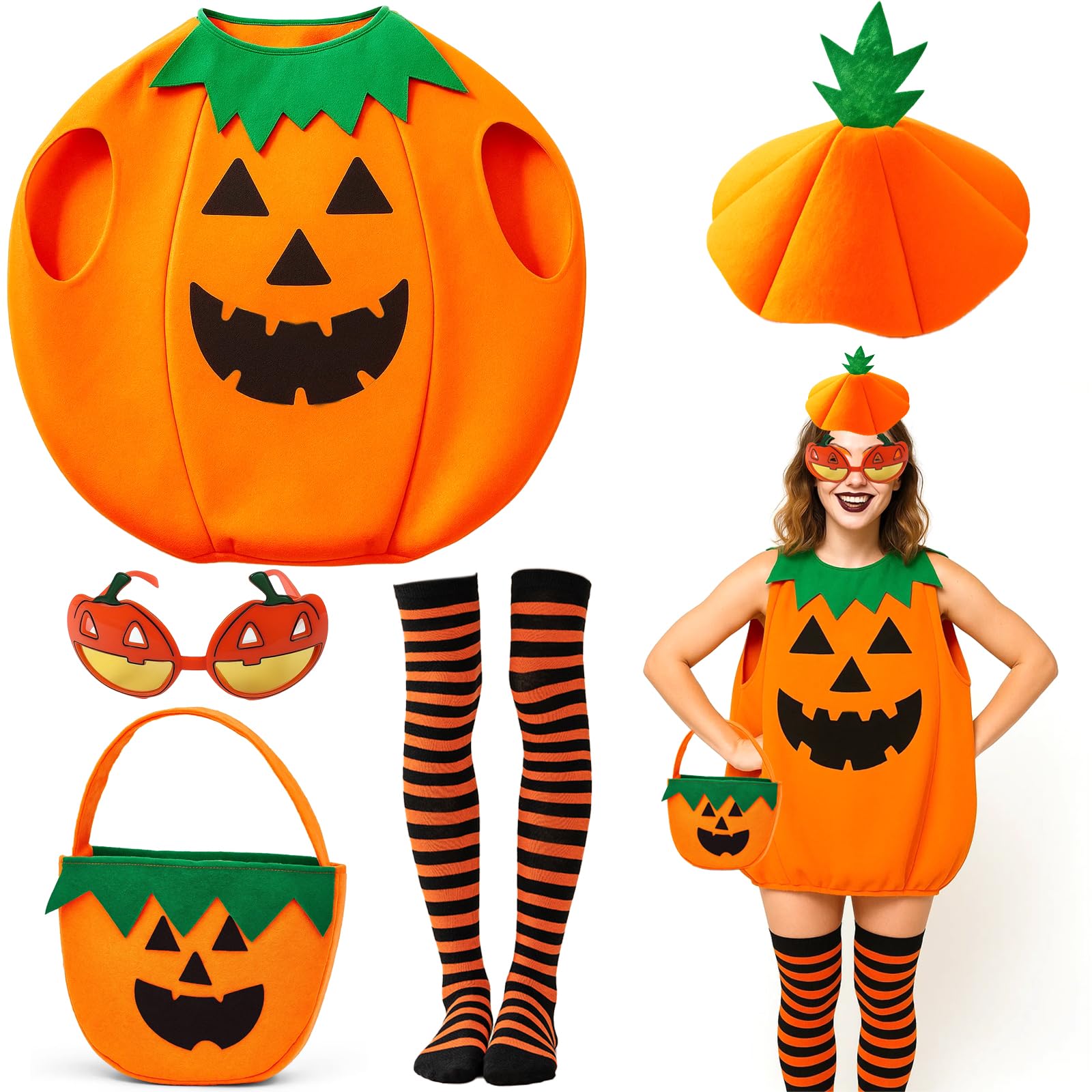 YTPAFK Halloween Costumes Adult Women, Pumpkin Costume Set with Hat, Socks, Bag and Glasses, Fun Orange Outfit for Dress Up Parties, Stage Performances