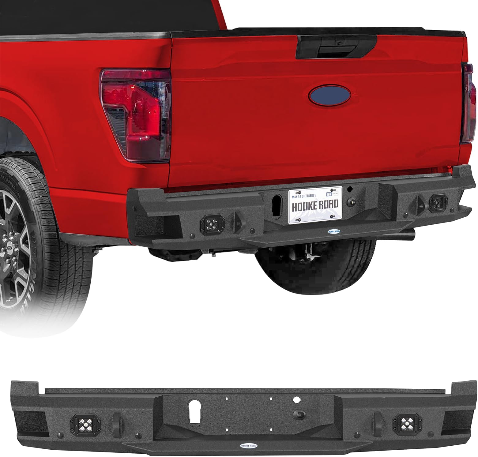 Hooke Road F150 Rear Bumper for Ford F-150 2021 2022 2023 2024 2025 2026 Pickup Truck (Exclude Raptor & Tremor), Steel Offroad Back Bumper with 2×25W LED Spotlights, D-ring Mounts