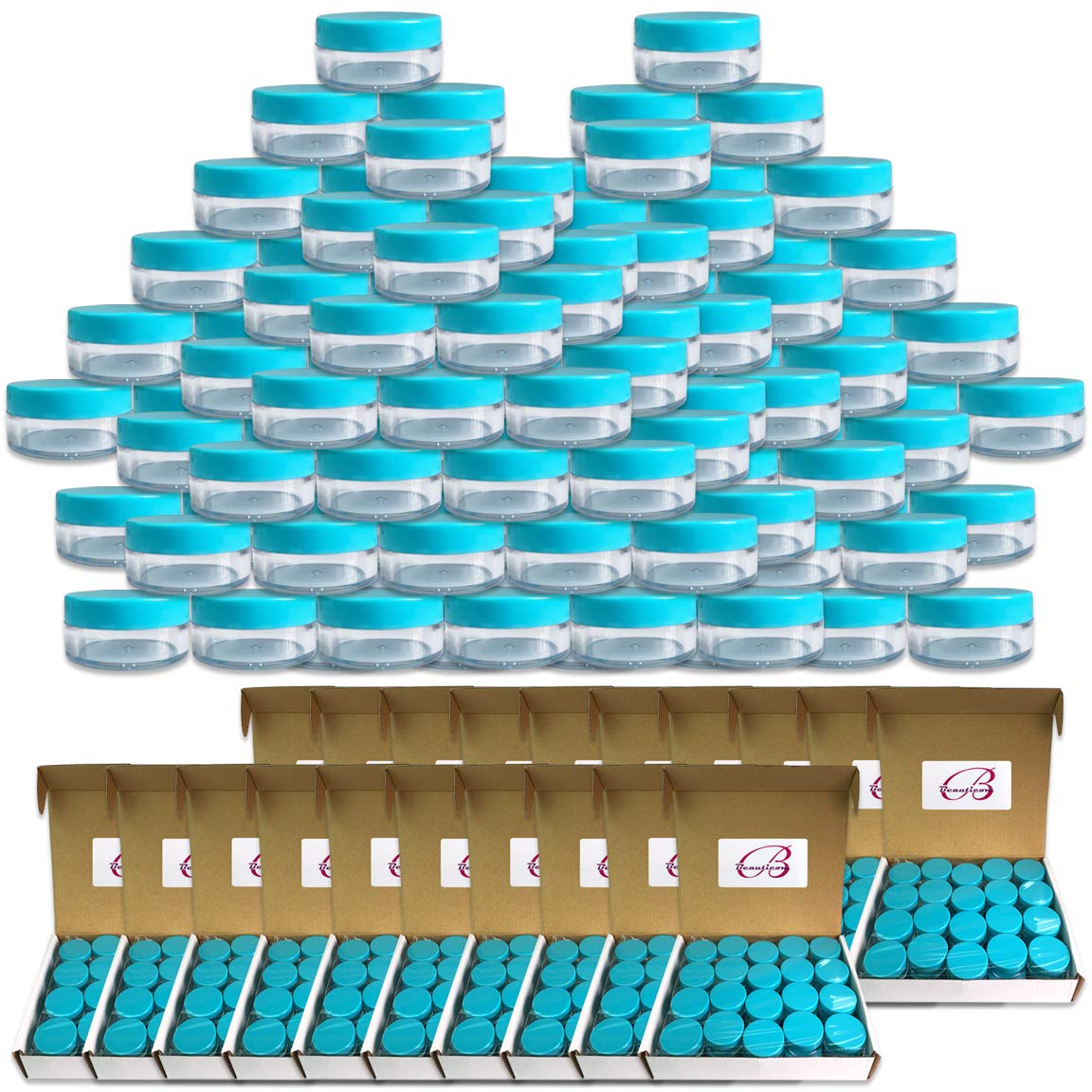 Quantity 1000 Pieces Beauticom 10G 10ML Round Clear Jars with TEAL Sky Blue Lids for Pills Medication Ointments