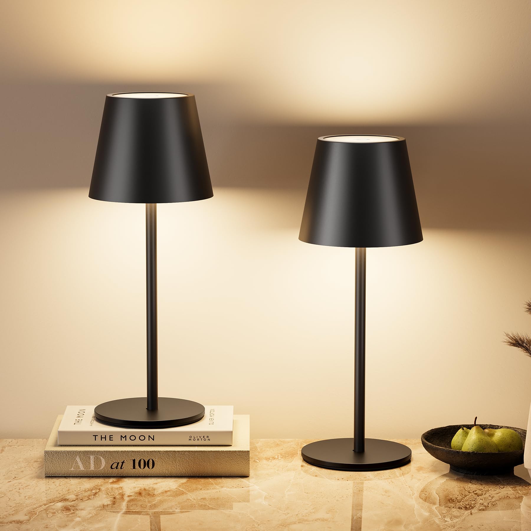 Görvitor 29 CM Aluminium 6000mAh Akku Tischlampe Kabellos, 2A Schnellladung 3 Farbtemperaturen Akku Tischleuchte Aufladbar, IP54 Wasserdicht Touch Dimmbar Nachttischlampe 2er Set für Outdoor Schwarz