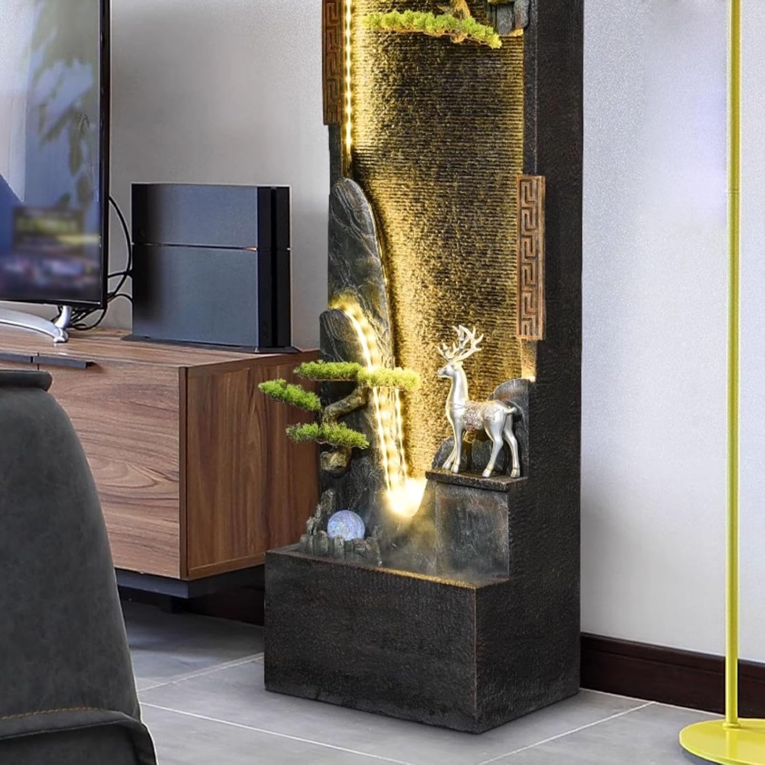 HASMI Fountain Chinese-Style Circulating Water Curtain Wall Fountain with Artificial Mountain and Flowing Water, Floor-Standing Decorative Ornament, Suitable for Living Room or Office for Gardens