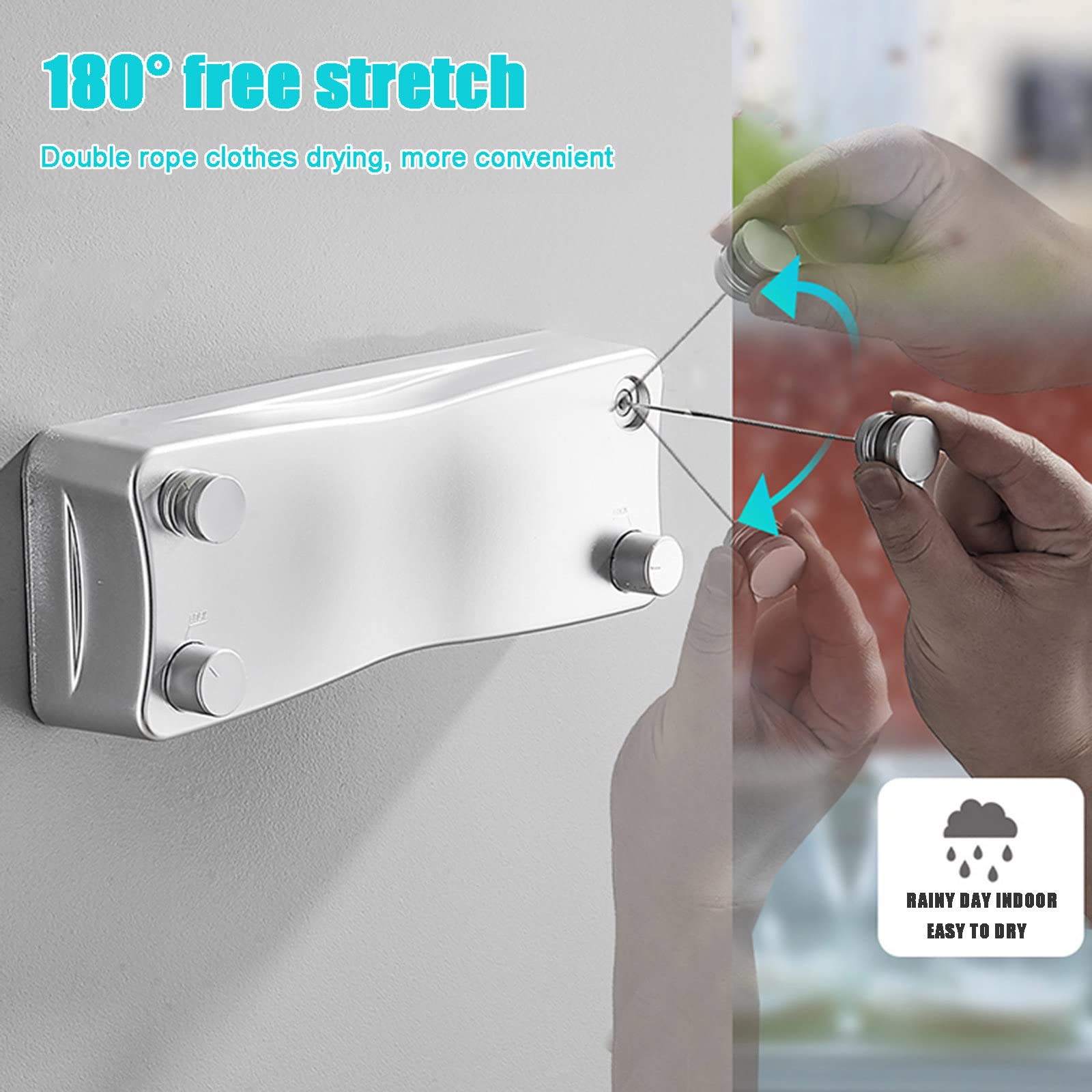Fili Stendibiancheria Doppio Resistente,Corda da Bucato Retrattile,Asciugatura Biancheria Domestica,Corda Regolabile Acciaio Inossidabile 5,2 m,per Bagno Interno Esterno,Silver