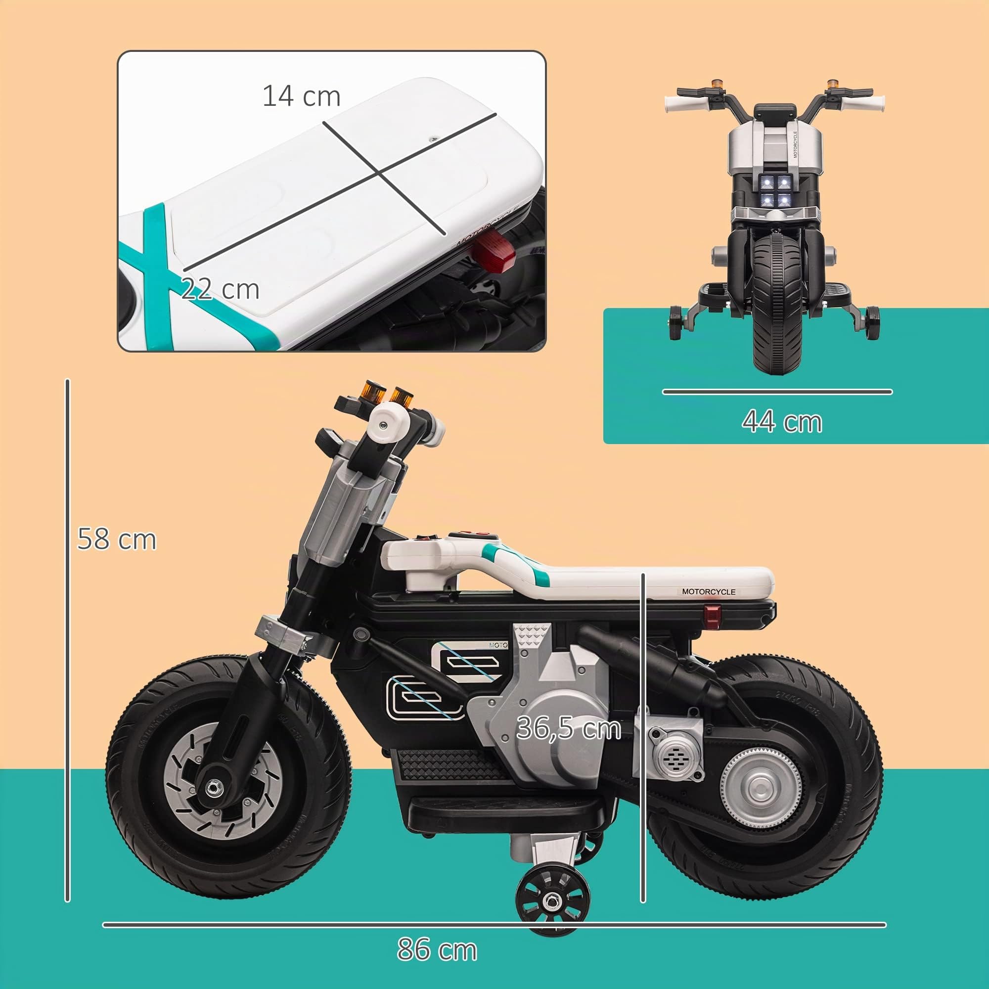 HOMCOM Moto Eléctrica para Niños de 3-5 Años 86x44x58 cm Negro y Blanco | Moto de Batería 6V, Faros, Música, Bocina, Velocidad 3 km/h, Avance Retroceso, Ruedas Auxiliares, Carga 25 kg