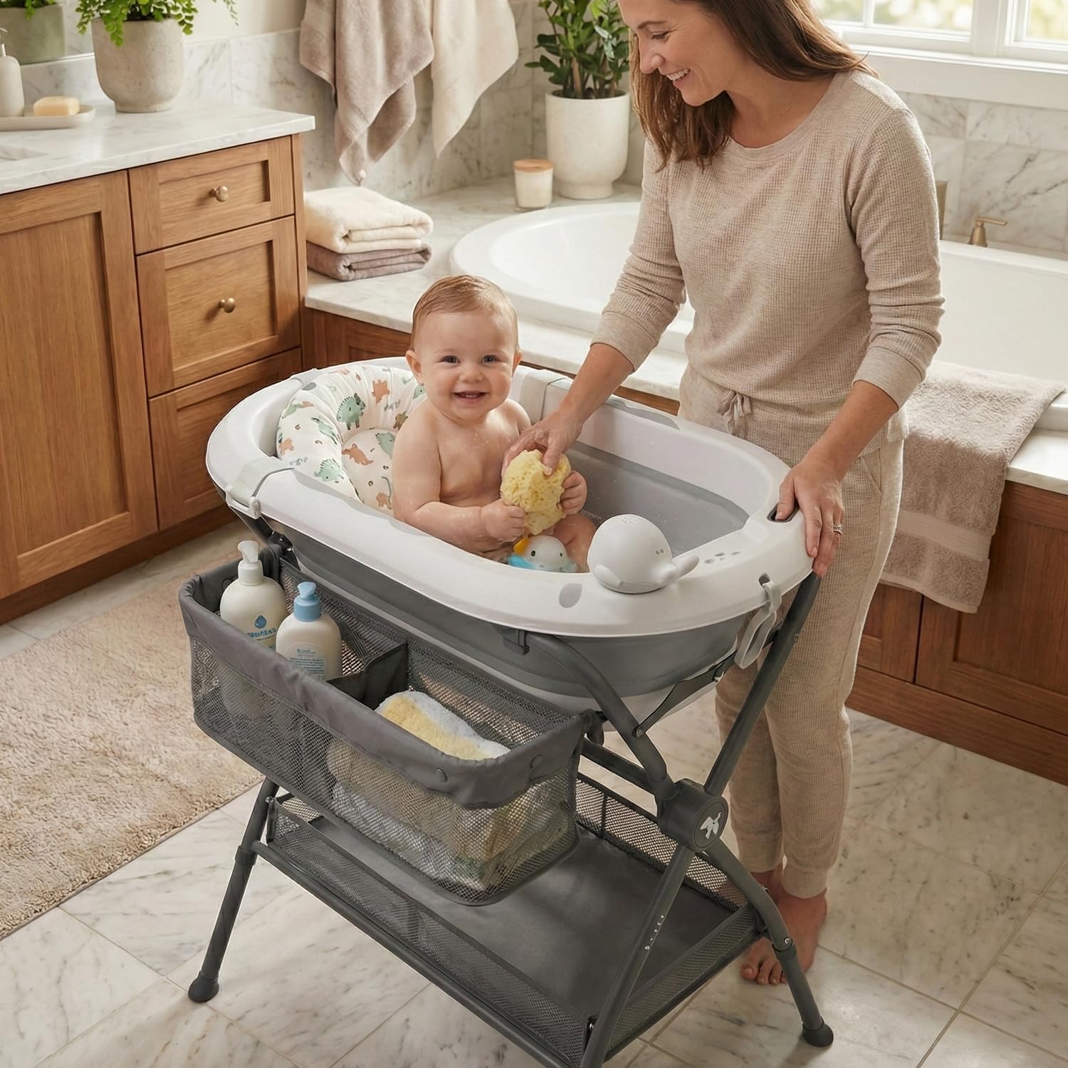Twinly Bubbly – Bañera Cambiador Plegable para Bebé 2 en 1 – Altura Regulable Ergonómica, Bañera Extraíble para Playa y Viajes, Soporte Estable con Desagüe, Ideal para Baños Pequeños (Gris)