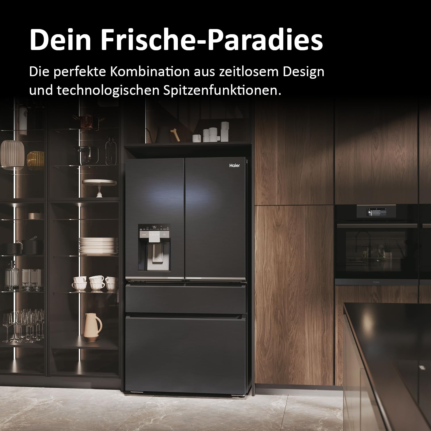 Haier French Door Kühl-Gefrierkombination I 91 cm Breite, 601 L I French Door Kühlschrank mit Eiswürfelspender, Wi-Fi & No Frost I Doppeltür Kühlschrank mit Gefrierfach I FD SERIE 7 PRO HFW7918EIMB