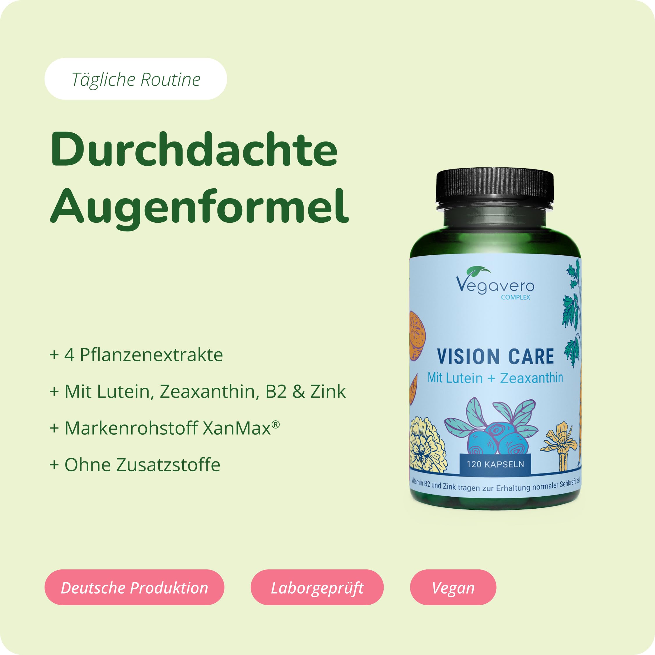 Vision Care Vegavero | Augenvitamine: Lutein & Zeaxanthin | Sehkraft & Augen* | 120 Kapseln | mit Beta Carotin, Heidelbeere, Vitamin B2 & Zink | Ohne Zusätze | Vegan