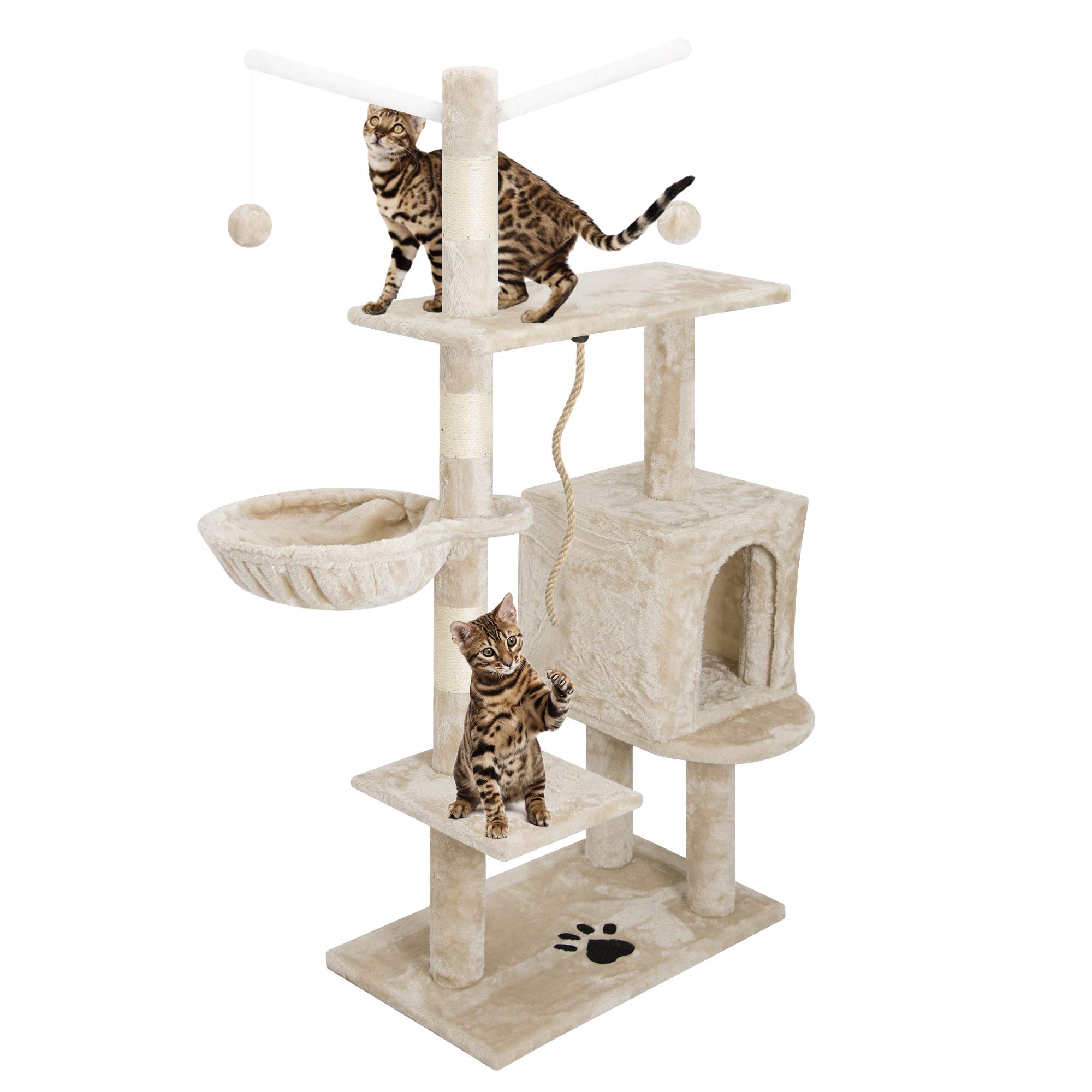 EGLEMTEK Albero per Gatto con Graffiatoio Cuccia Giocattolo Gatti Parco Giochi Tiragraffi in Sisal Naturale 130 x 60 x 35 cm (Colore Beige Birba 30059)