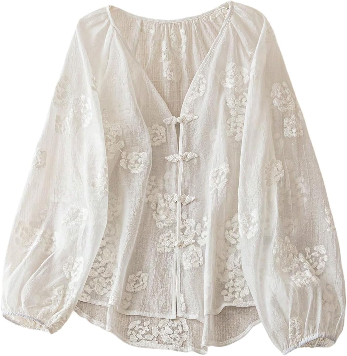 GORGLITTER Women's Boho Peasant Blouses Floral Embroidered Tops Summer Sheer Tie Front Flowy Long Sleeve Button Up Shirts