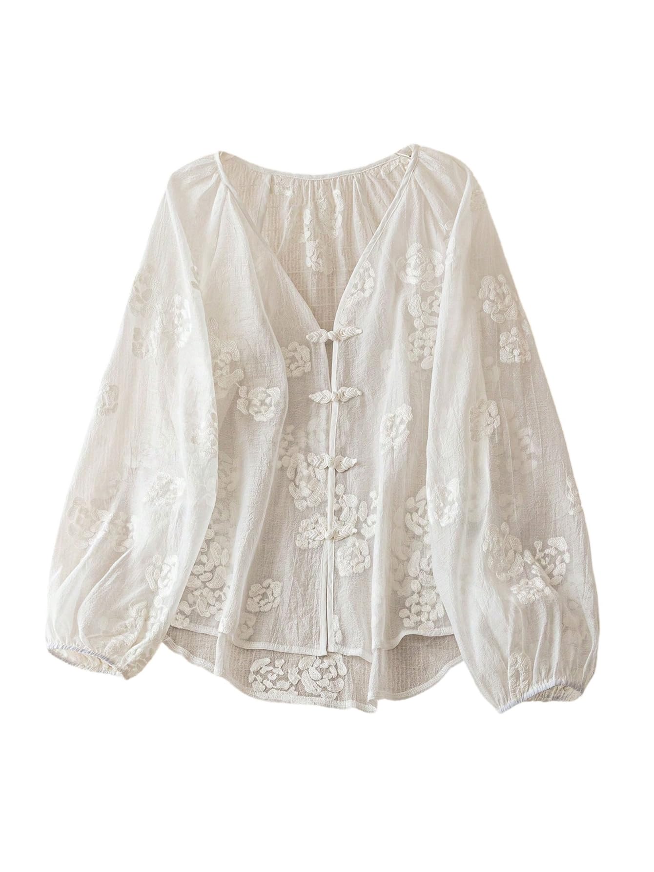 GORGLITTER Women's Boho Peasant Blouses Floral Embroidered Tops Summer Sheer Tie Front Flowy Long Sleeve Button Up Shirts Large White