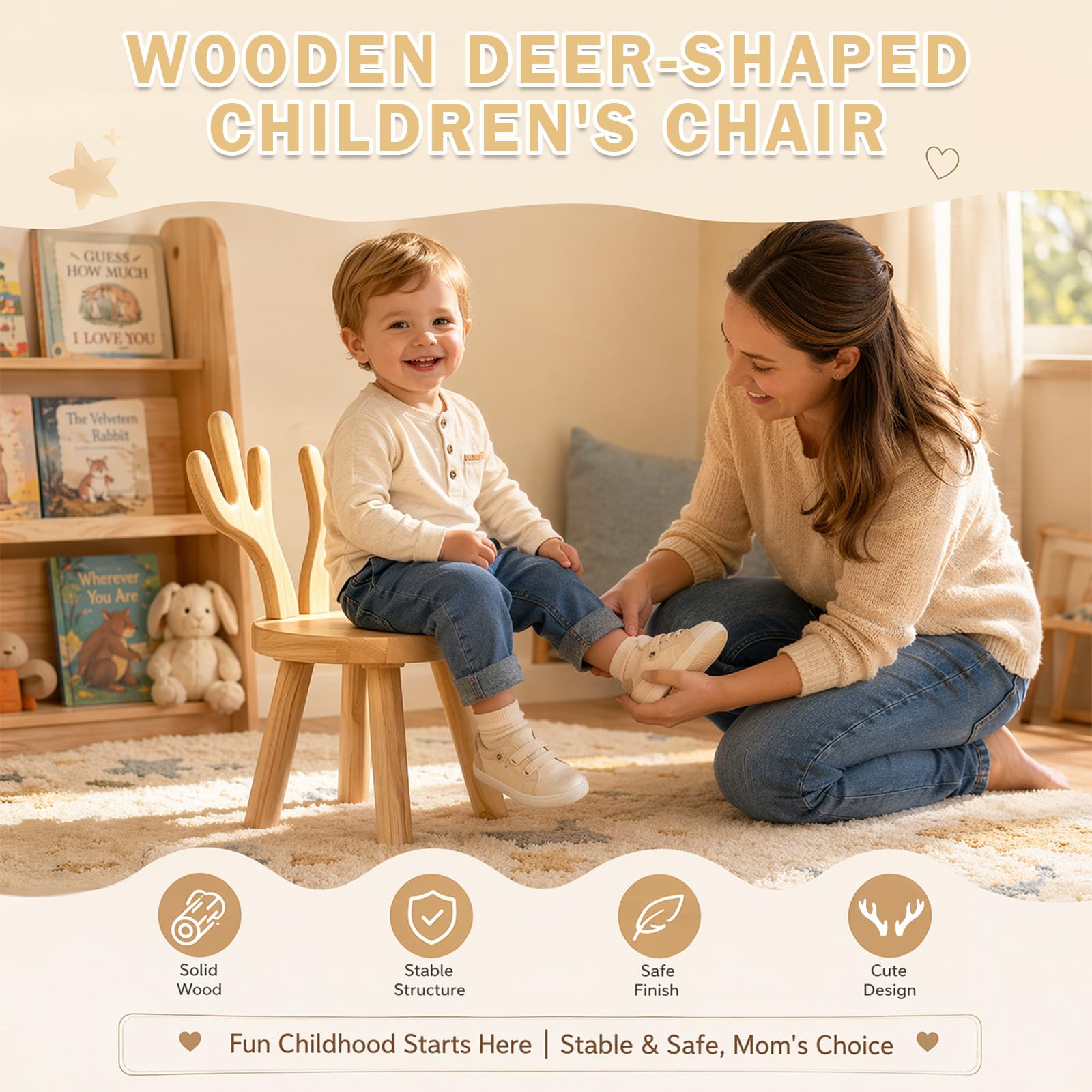 Kinderstuhl Holz ab 3 Jahren – Massivholz Kinderhocker 45 x 26cm mit Hirschgeweihform-Rückenlehne, kinderhocker holz 25cm Sitzhöhe, stabiler Holzstuhl für Kinderzimmer, Essen, Malen & Lesen