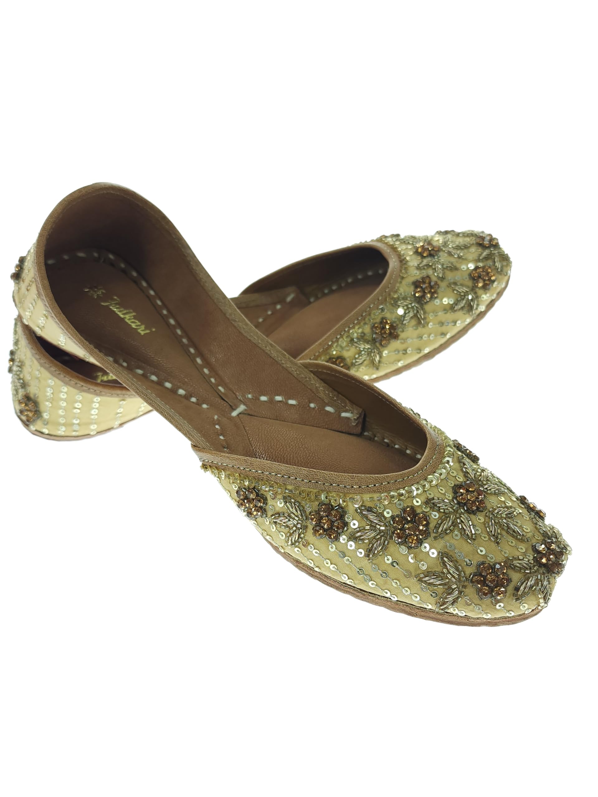 Women Vinca Gold Soft Embroidered Jutis | Bite and Pinch Free Jutti | Punjabi Formal Juttis | Girl's Wedding Flat Ladies Mojari | Formal Ethnic Juti |-image-28