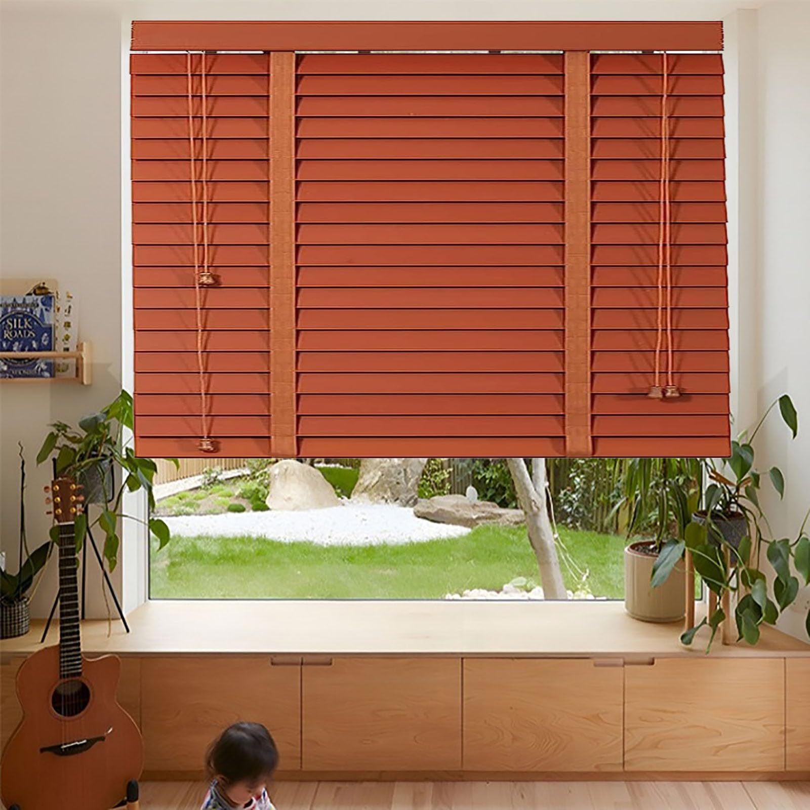 Venetian Blinds, Solid Wooden Window Blind 50mm horizontal slats, Privacy Curtain Shutters, Blackout/Heat Insulation Solid Wood Venetian Shades for office, home-W110xH120cm