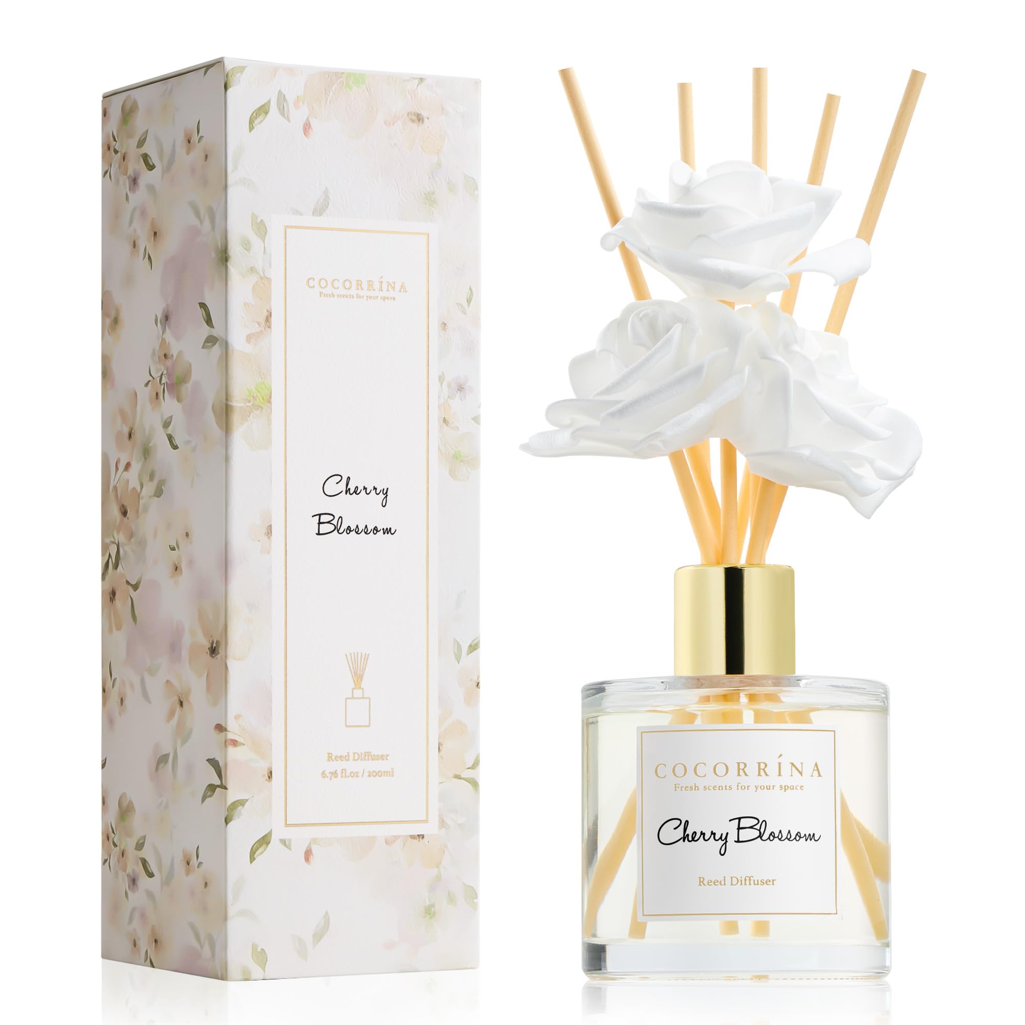 Cocorrína Reed Diffuser Set,6.7oz (200ml) Cherry Blossom Scented Diffuser with 3 White Rose Foam Flowers & Cotton Sticks, Home Fragrance Reed Diffuser